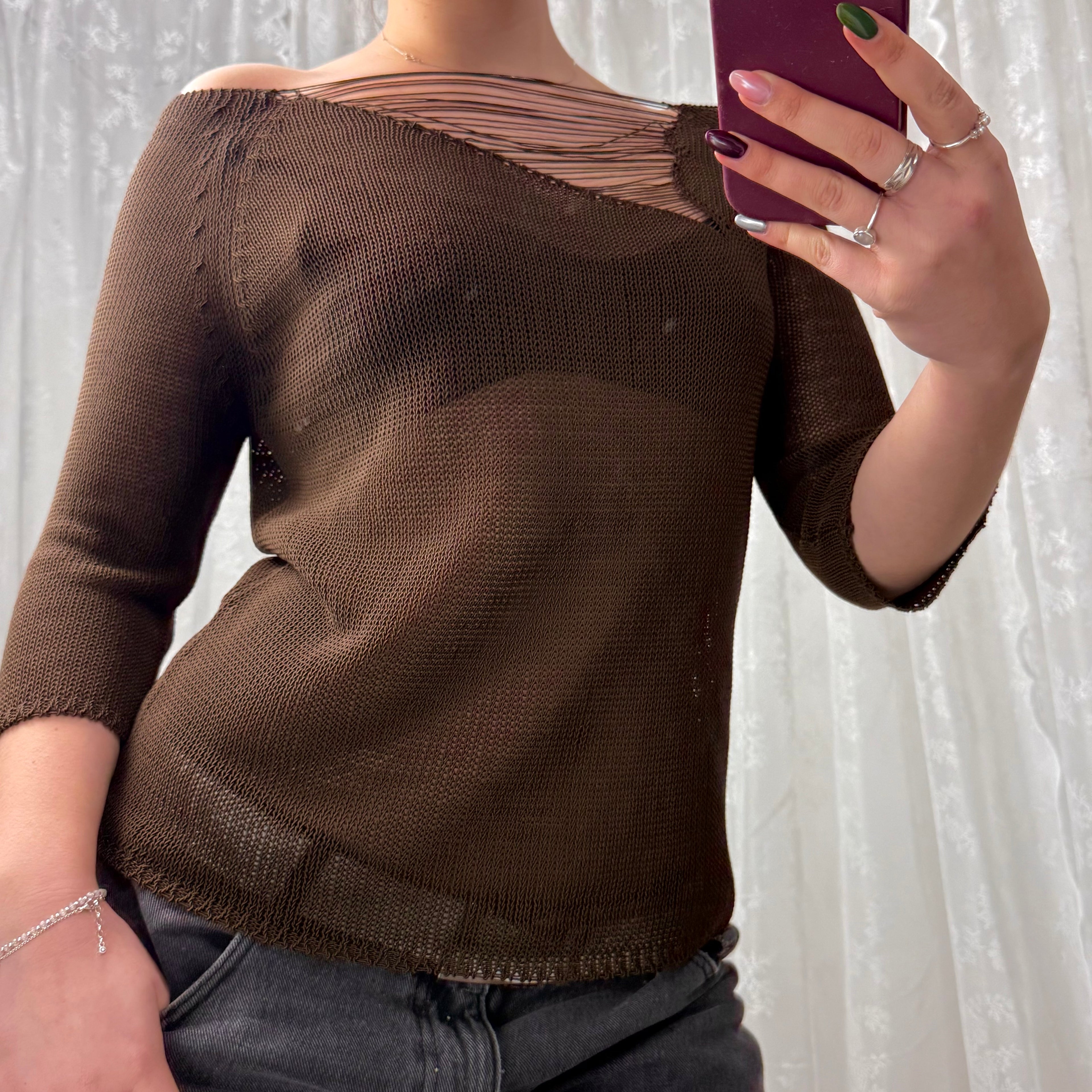 Brown crotchet detailed sweater
