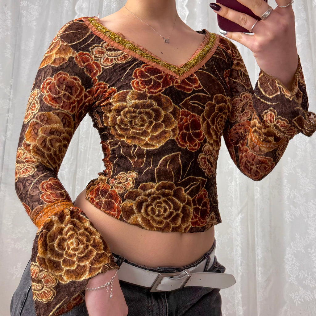 Orange and brown detailed glittery long sleeved top