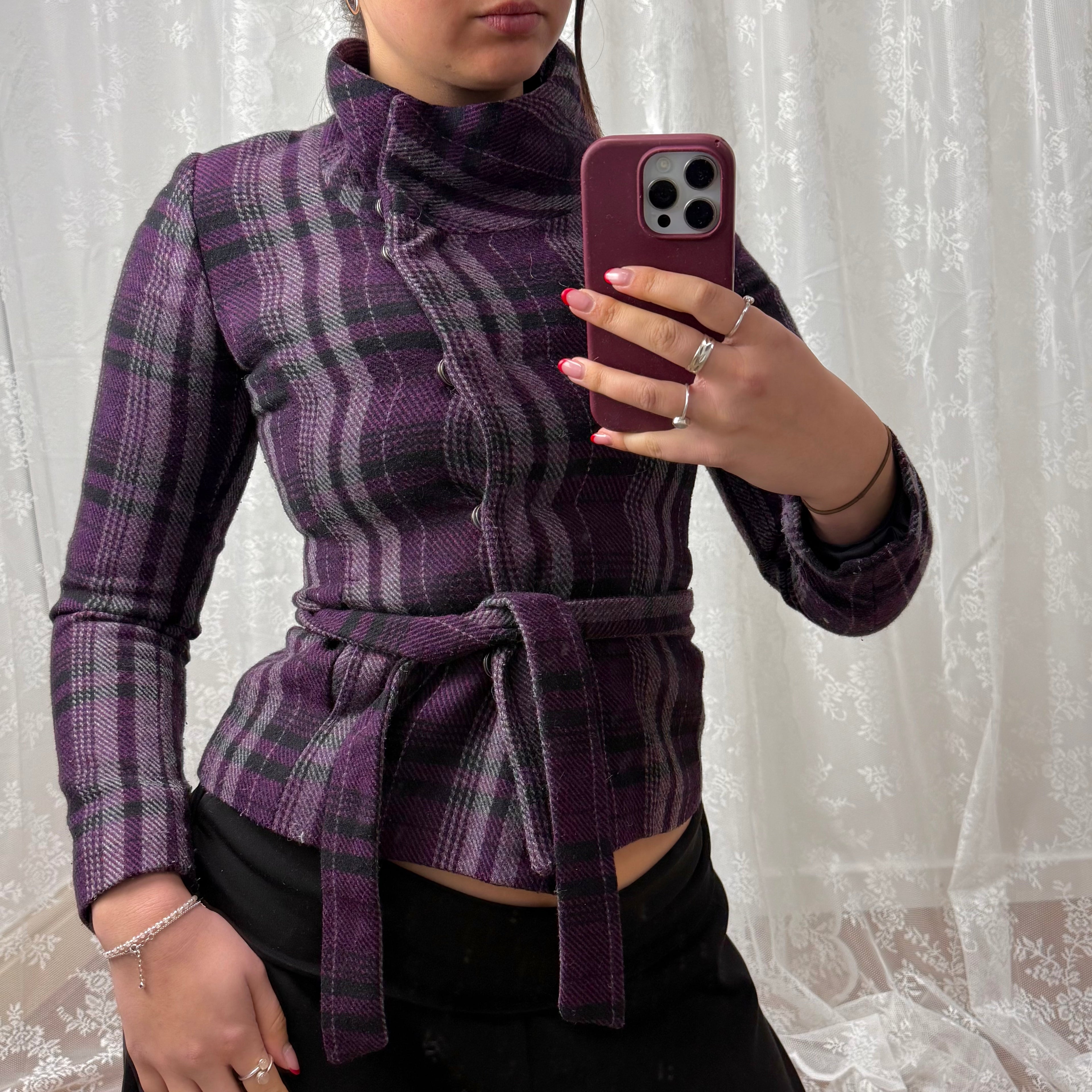 Purple plaid tie waist jacket
