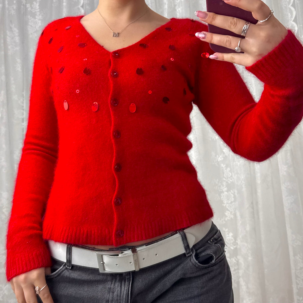 Red sequin button up cardigan