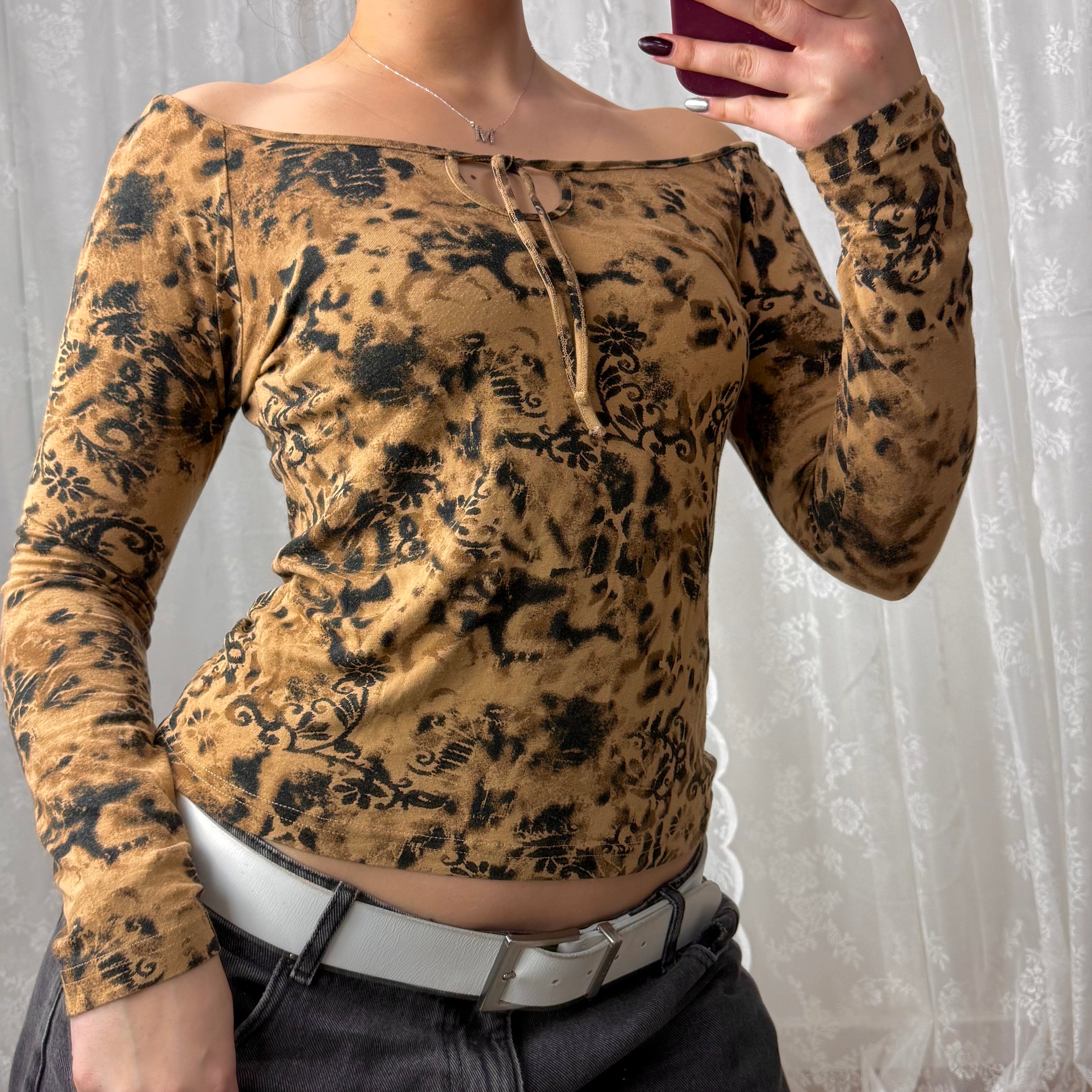 Brown and black off the shoulder top