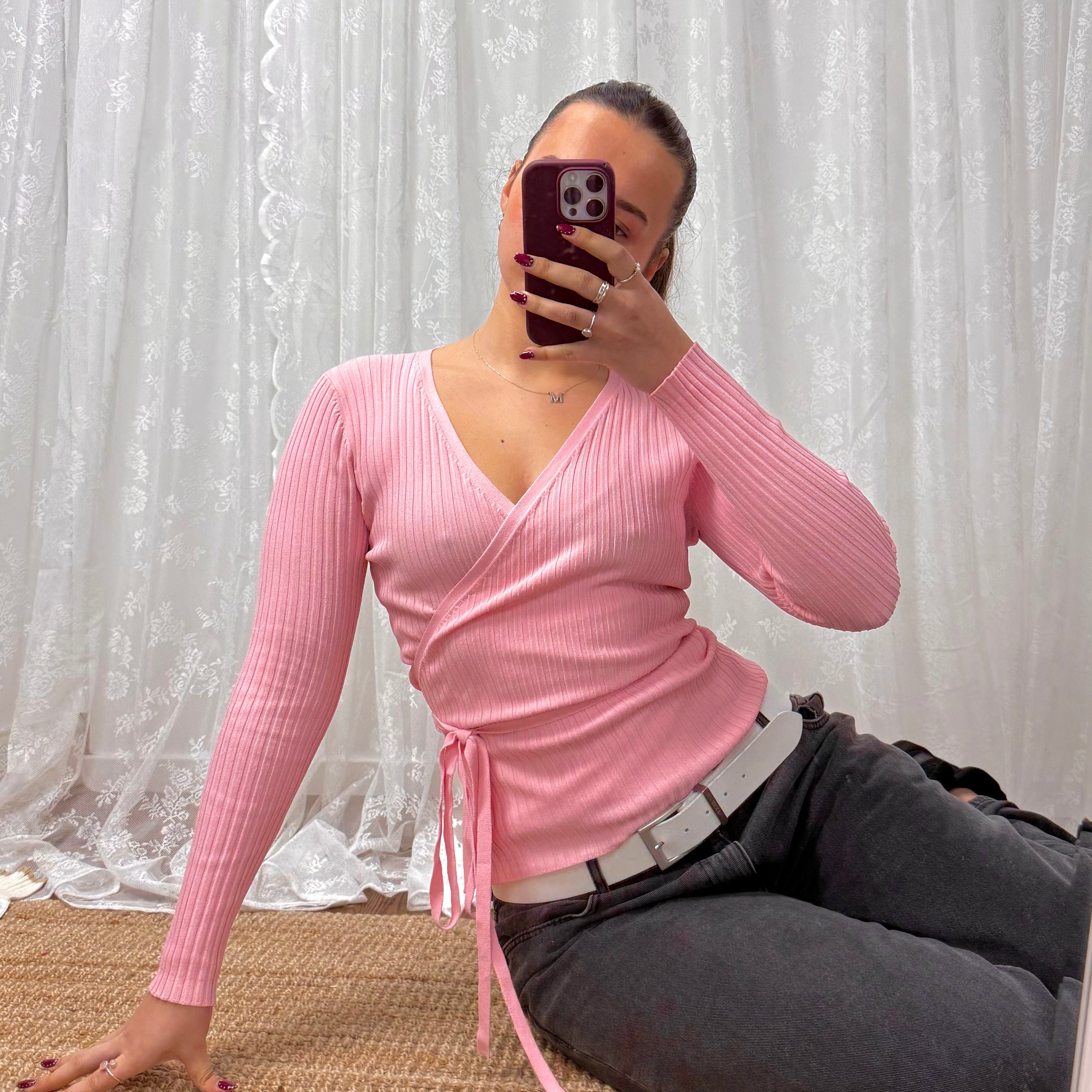 Baby pink ribbed vintage wrap top/cardigan – planet mimi