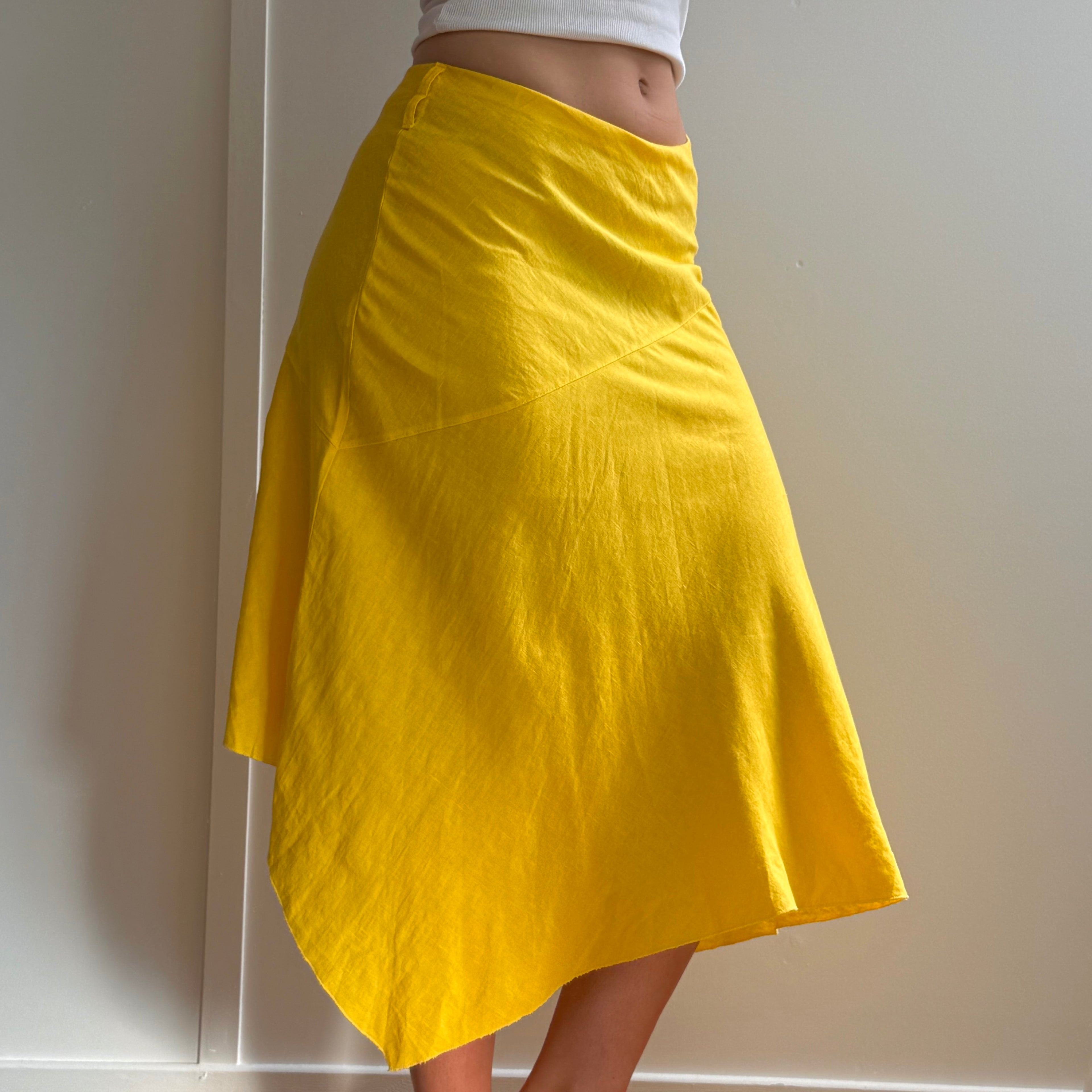 Yellow linen asymmetrical midi skirt