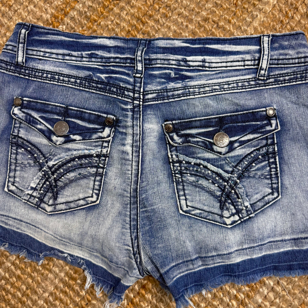Blue denim studded mini shorts