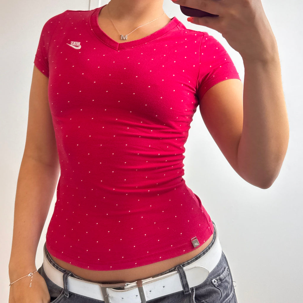 Red and white spotty v neck baby tee