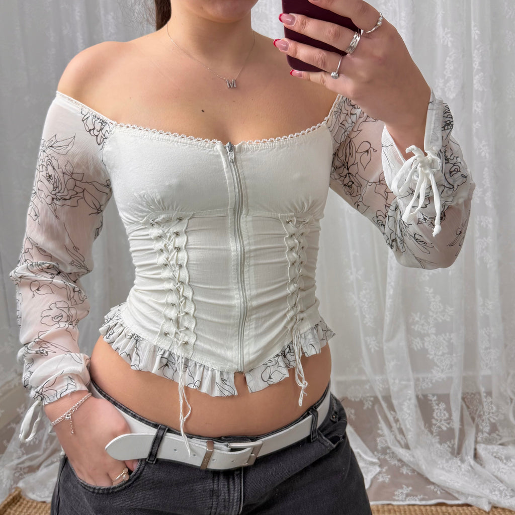 White mesh corset style tie up off the shoulder top