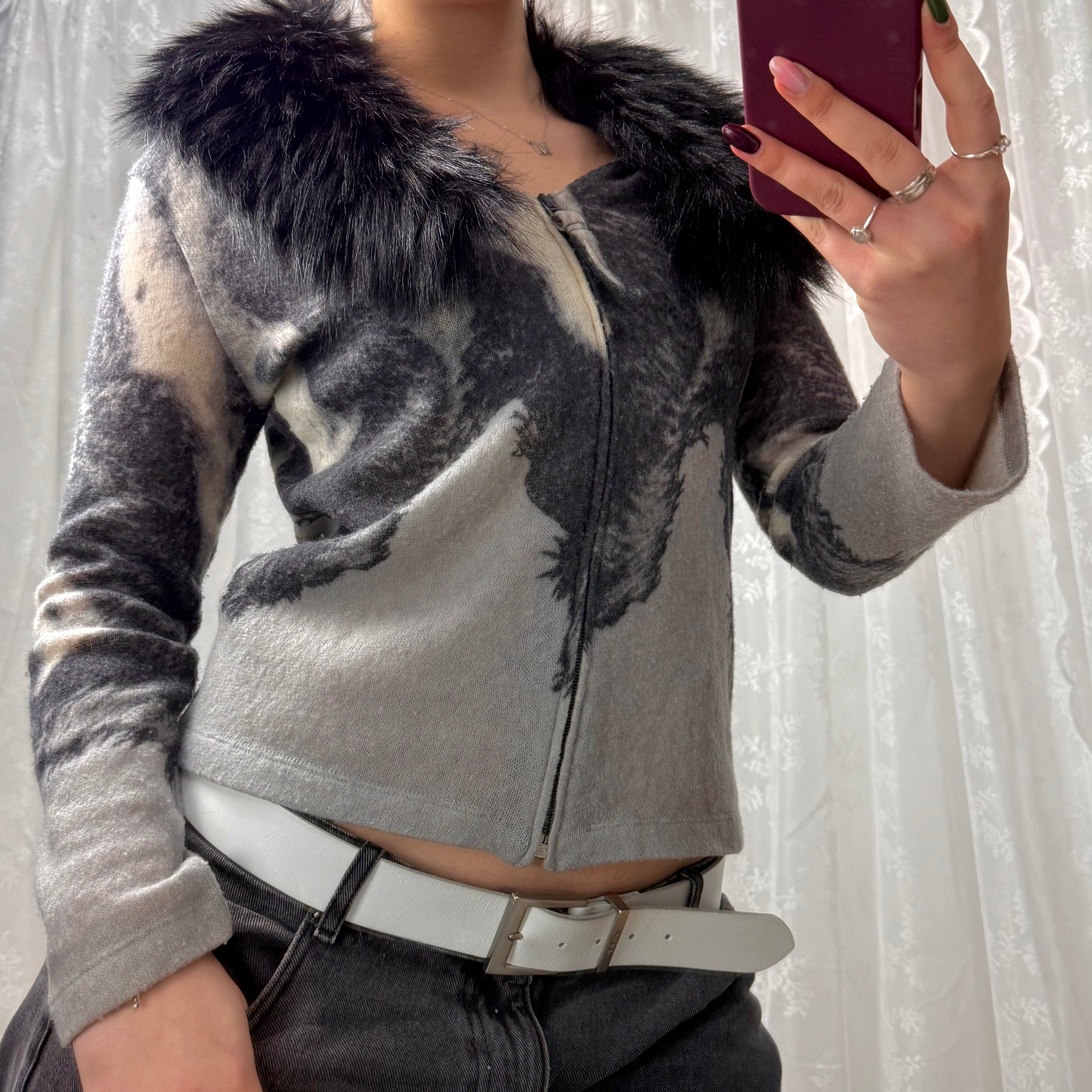 Grey and black collared zip up cardigan