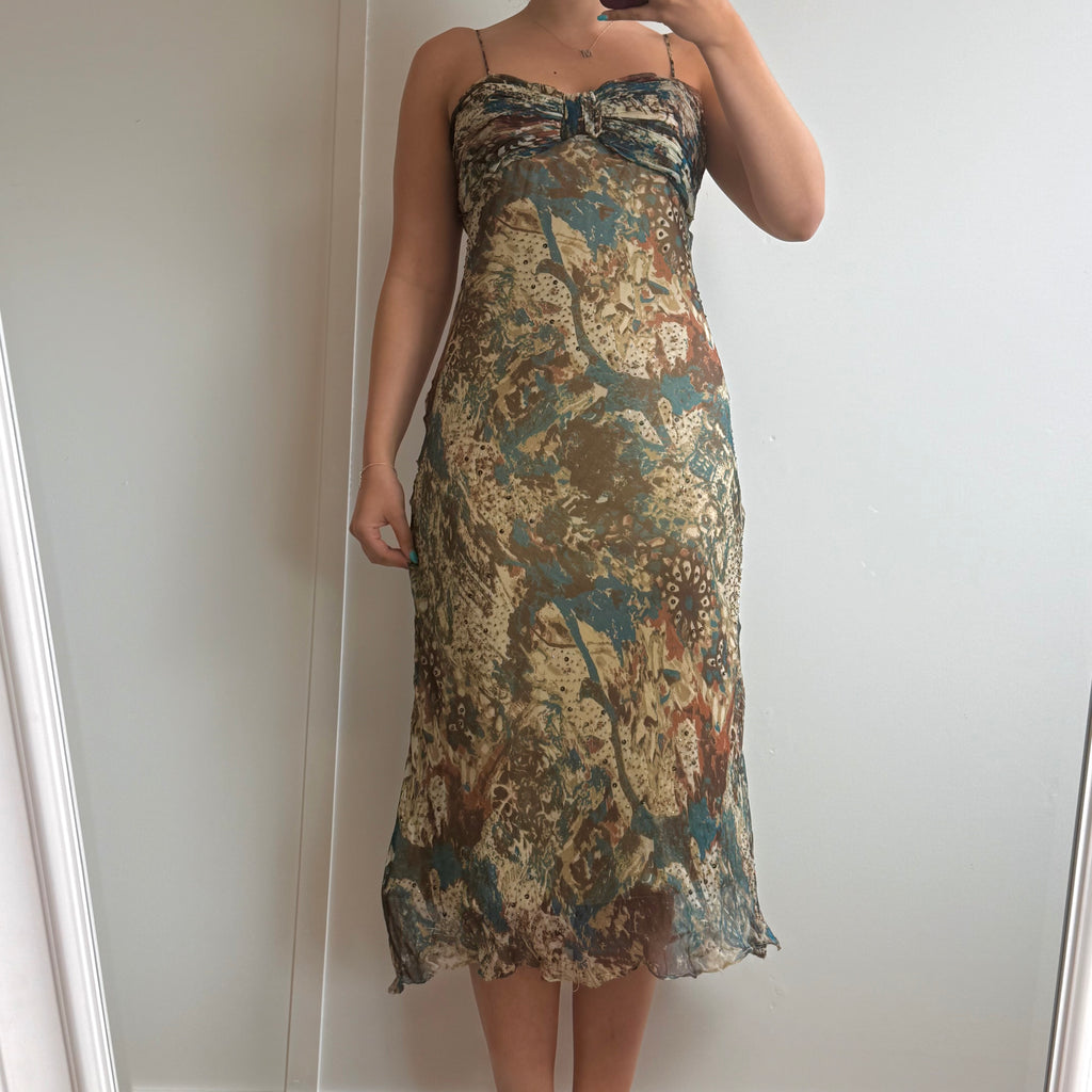 Neutral patterned sequin mesh midi dress with bolero