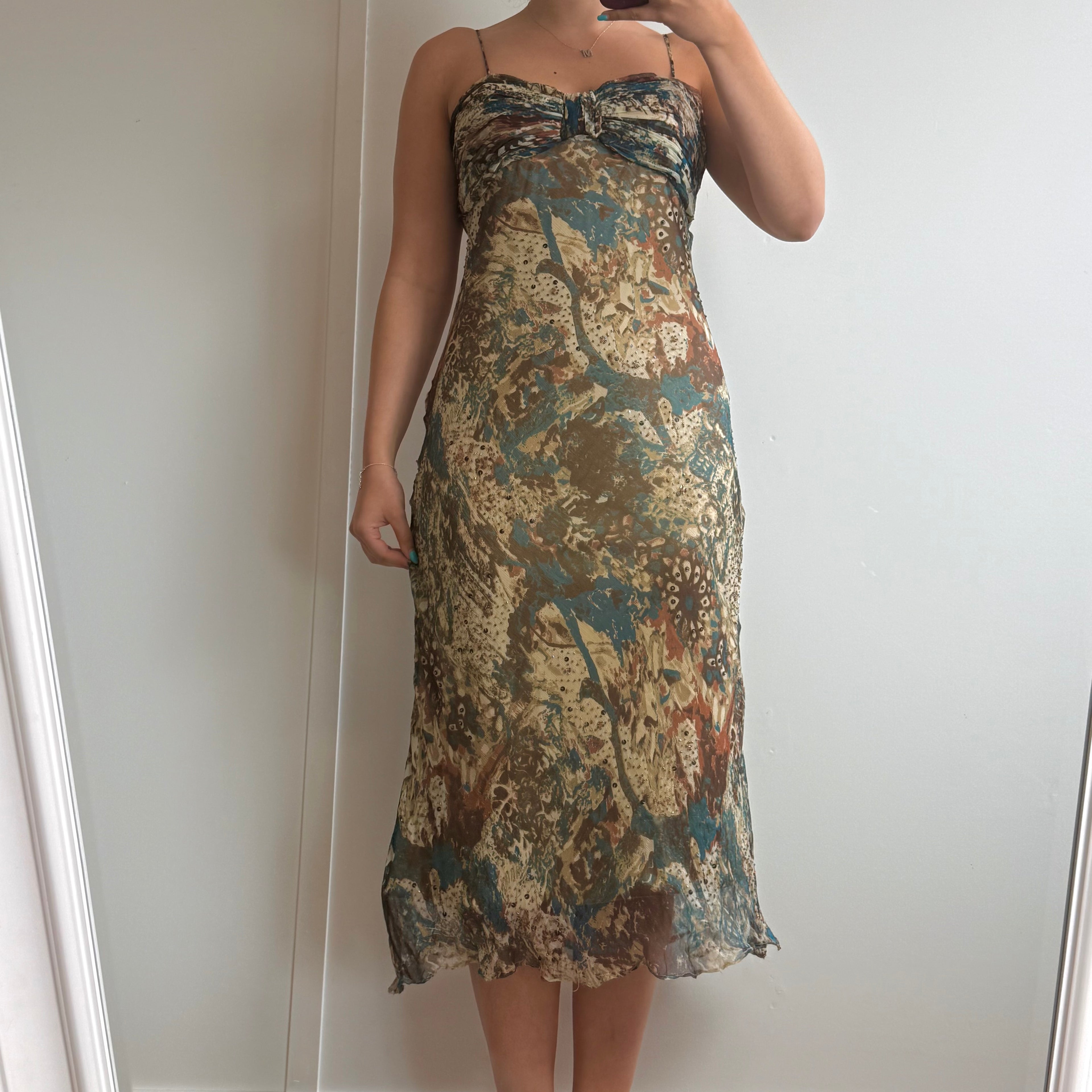 Neutral patterned sequin mesh midi dress with bolero