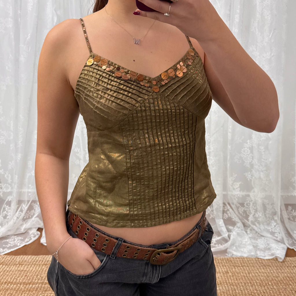 Green and bronze sequin cami top