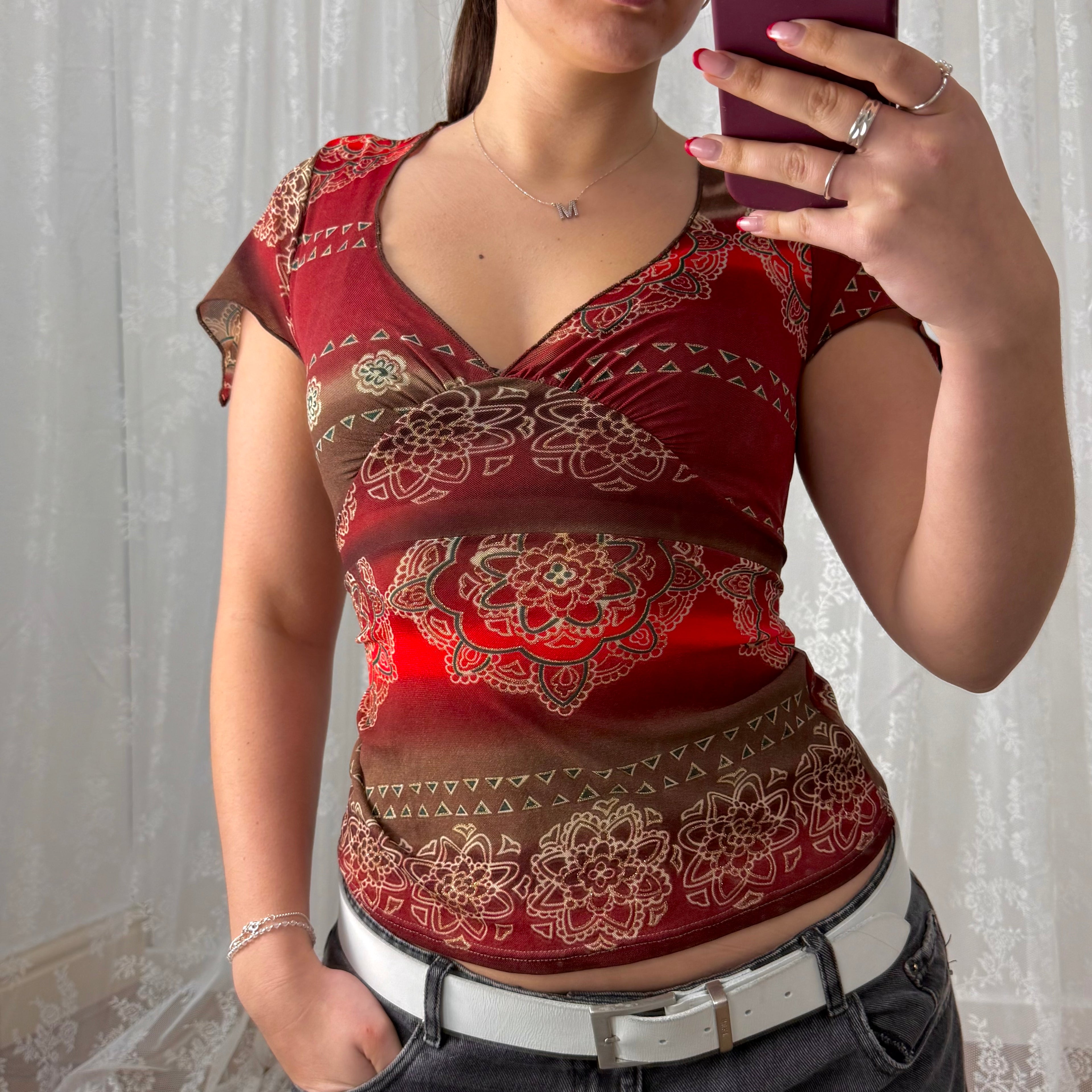 Red mesh glittery patterned top with tie back