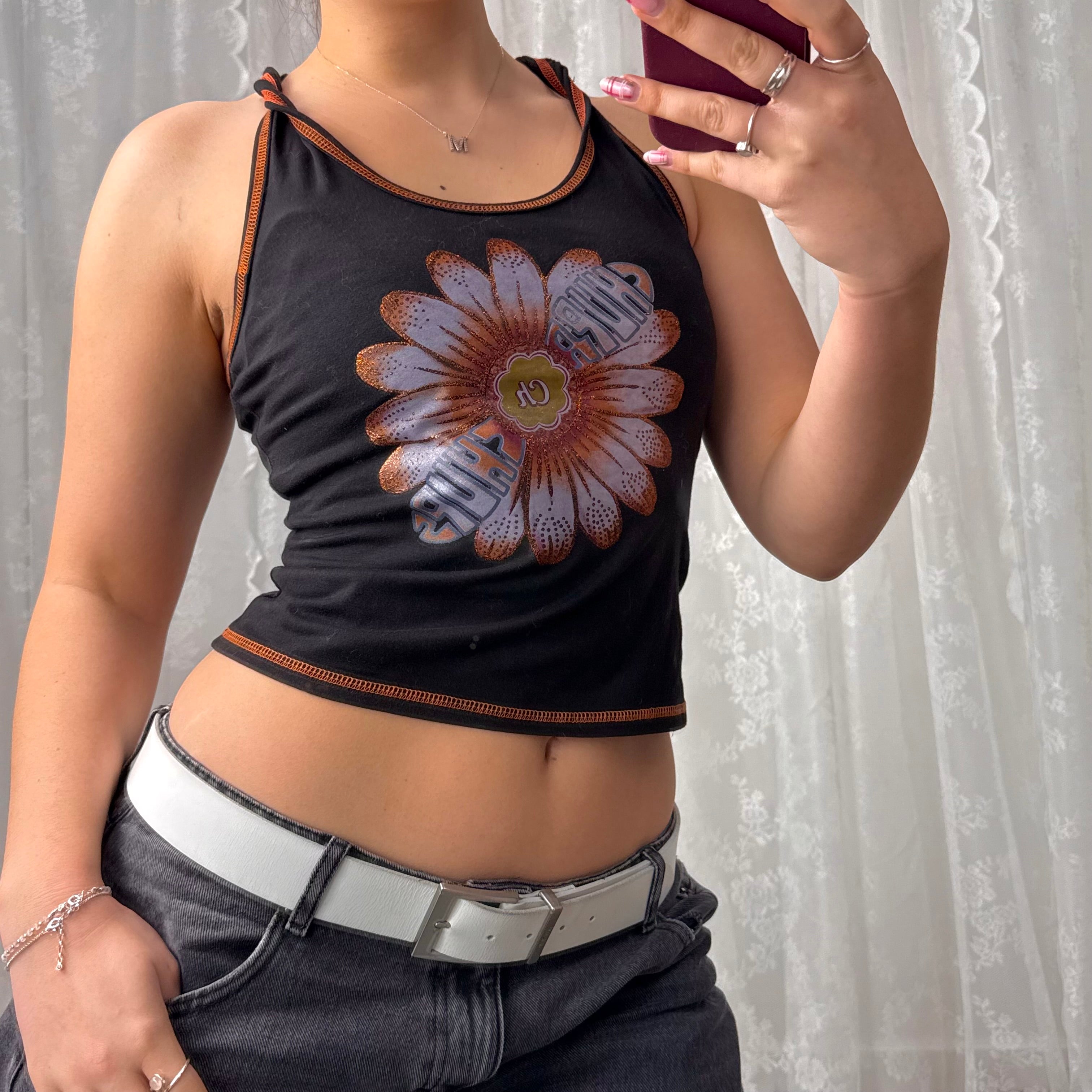 Black and orange glittery tank top