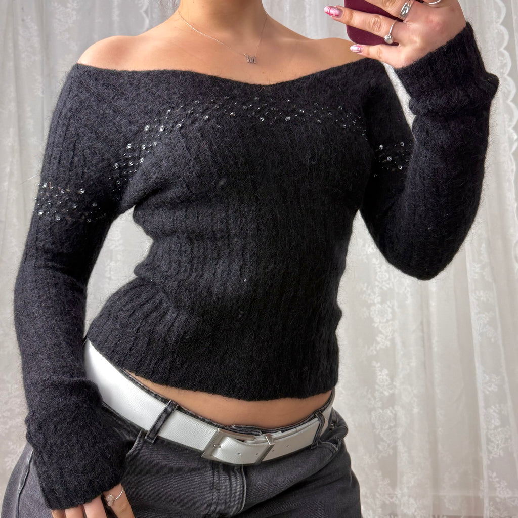 Black off the shoulder sequin sweater