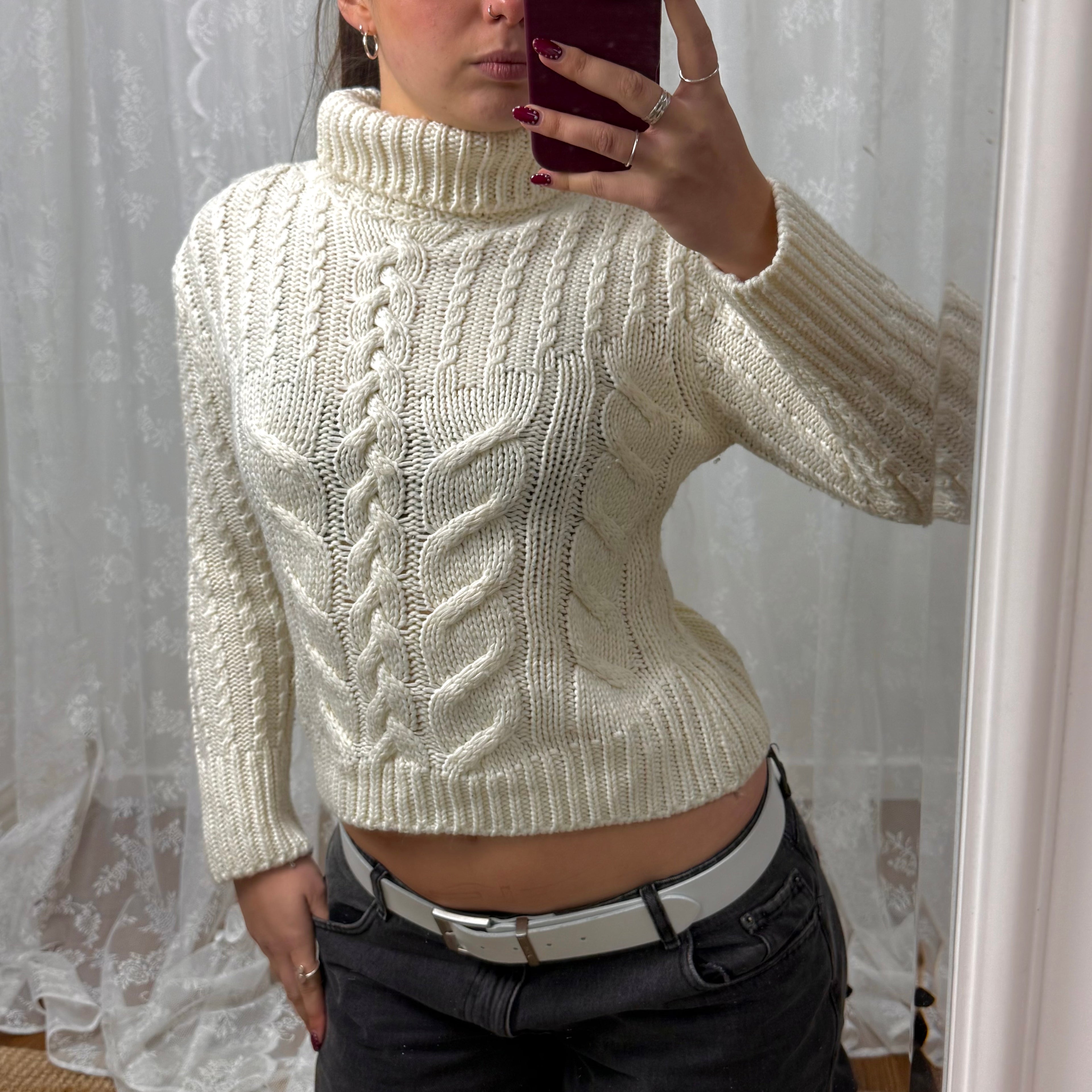 Cream cable knit turtleneck sweater