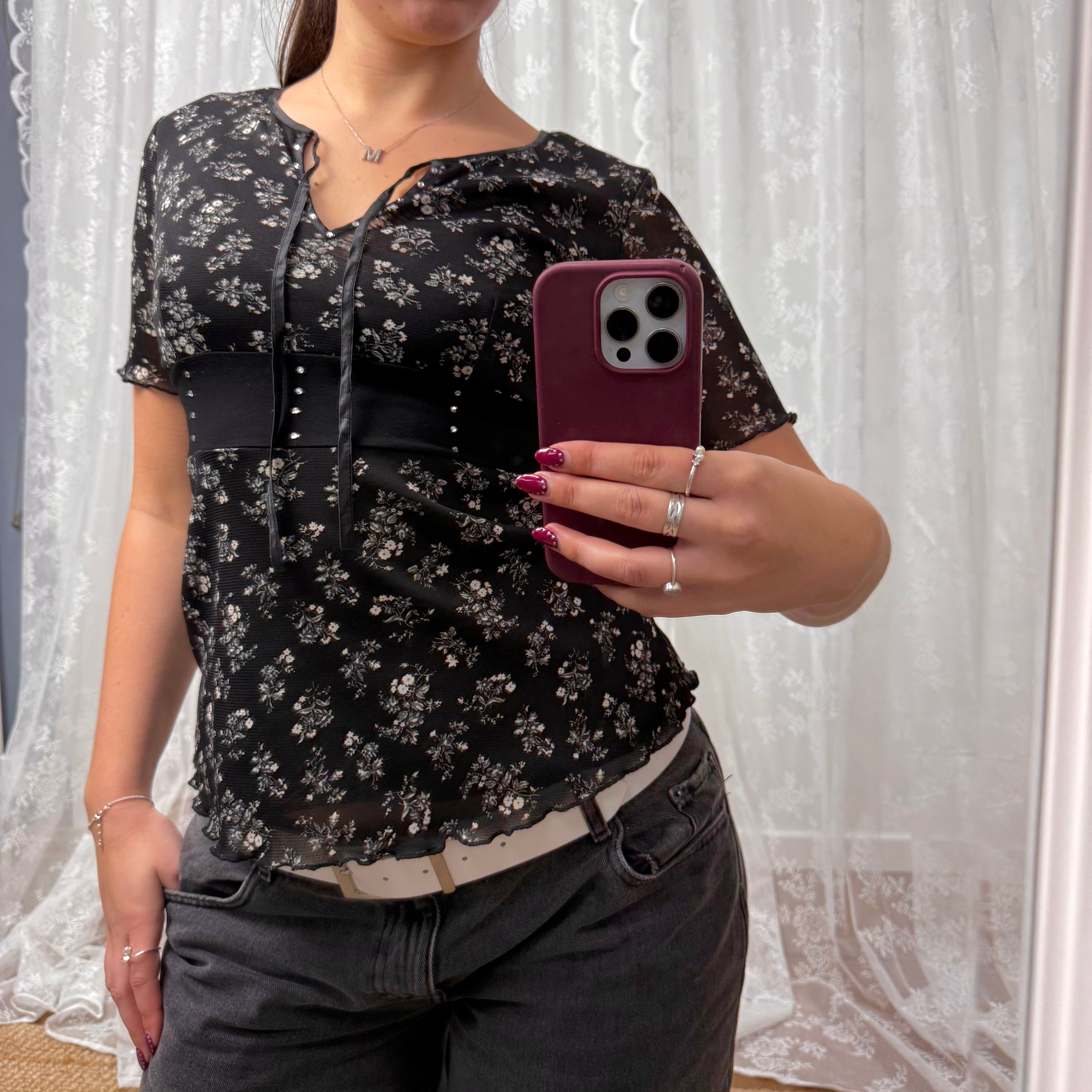 Black and white floral mesh top