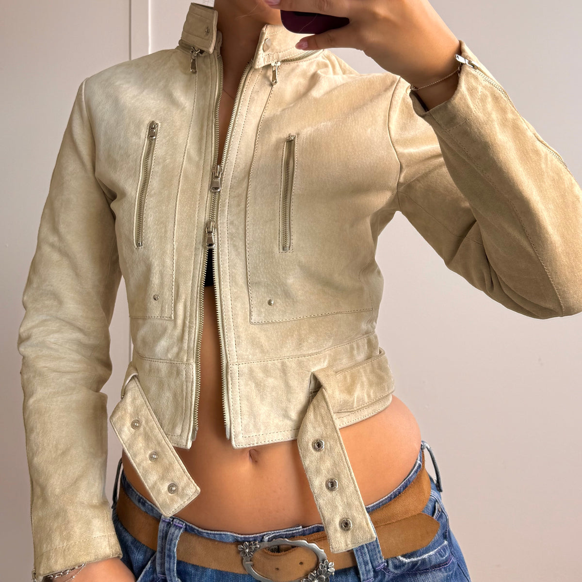 Sand suede cropped jacket