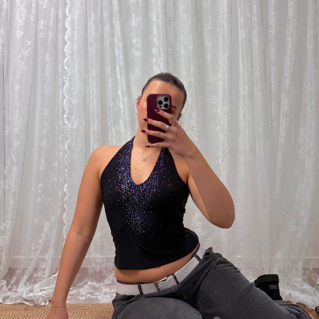 Black vintage blue and purple sparkly halterneck