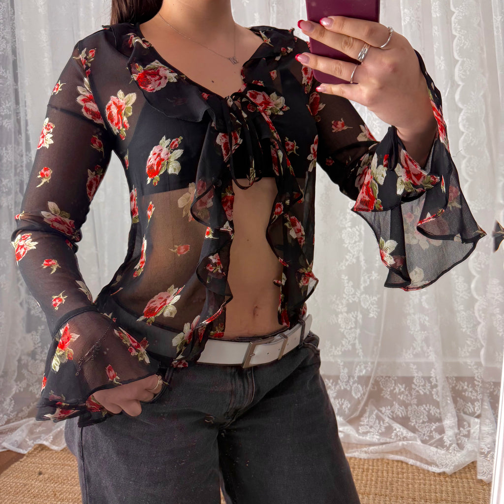 Black sheer floral floaty tie up top