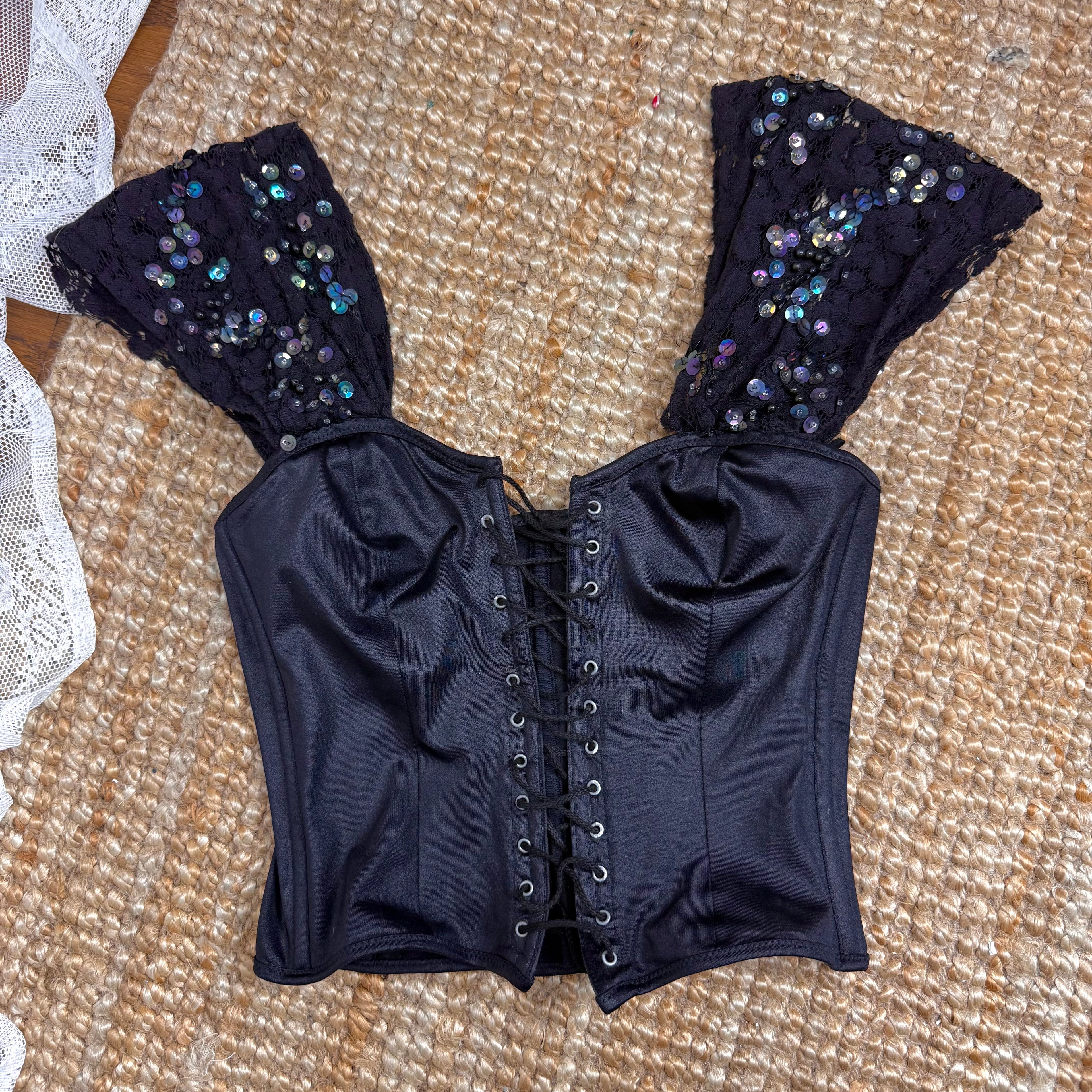 Black lace beaded off the shoulder corset top