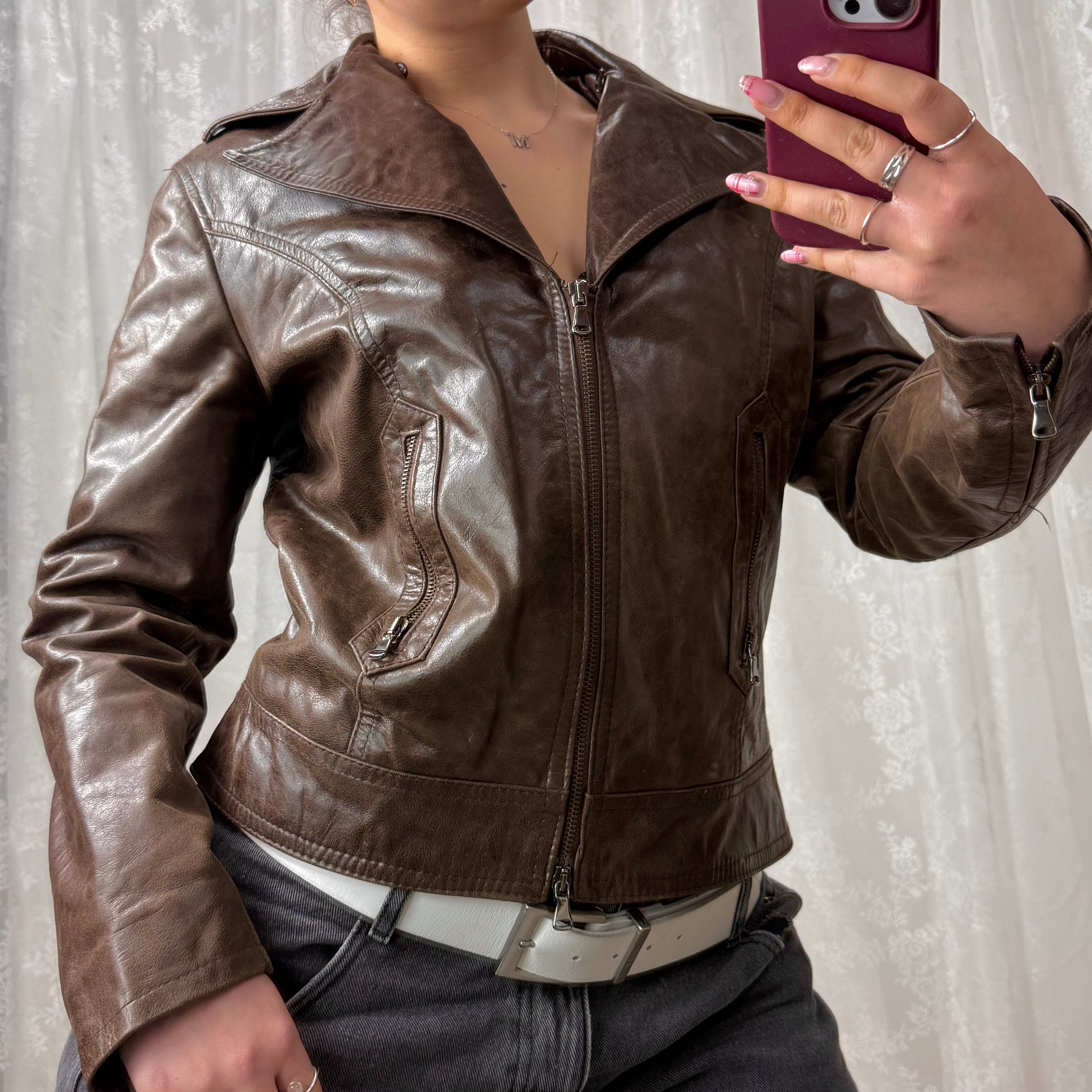 Brown leather collared double zip jacket