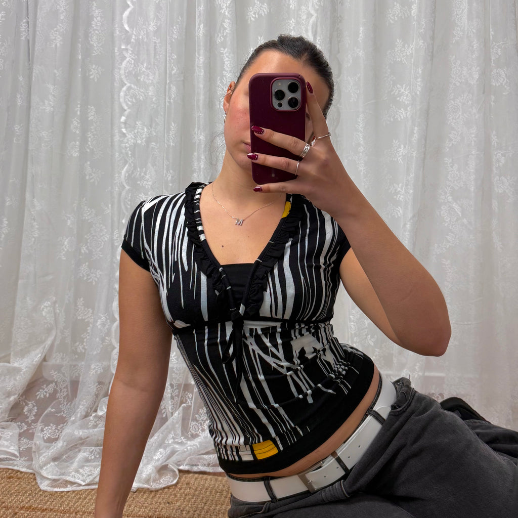 Black and white patterned top with tie back