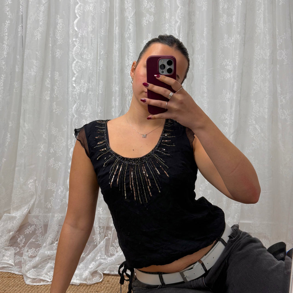 Black beaded chiffon top