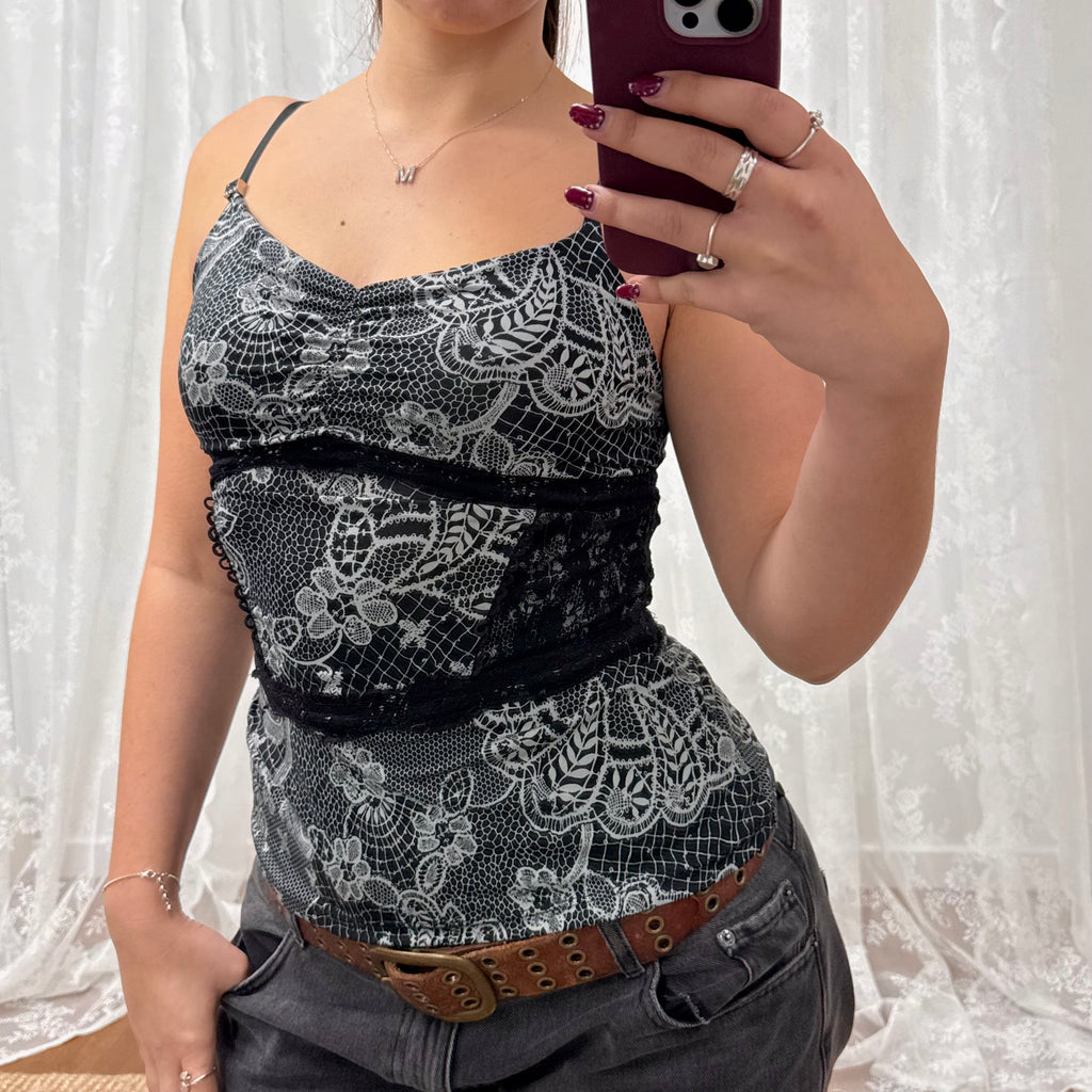 Black and white slinky lace cami top