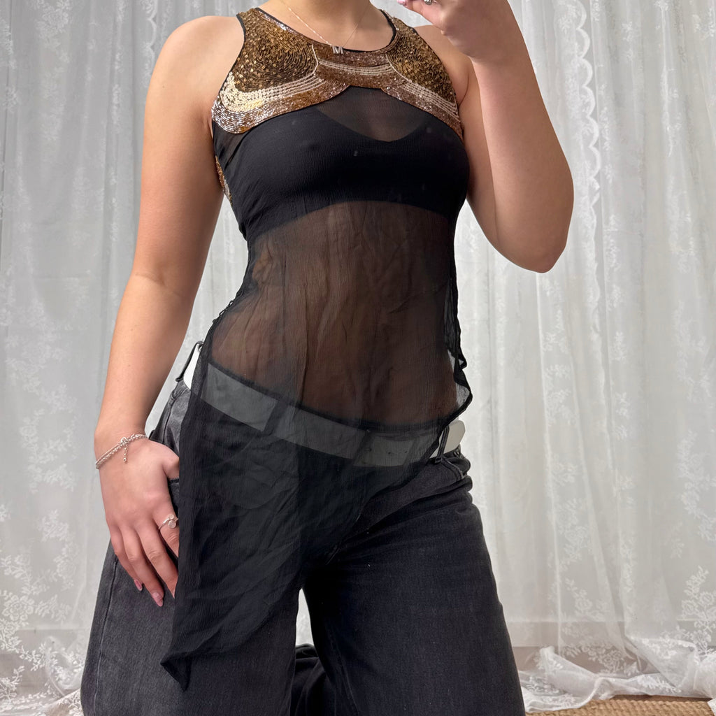 Black chiffon long lined beaded top