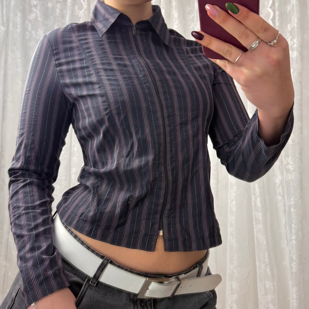 Blue striped collared zip up shirt