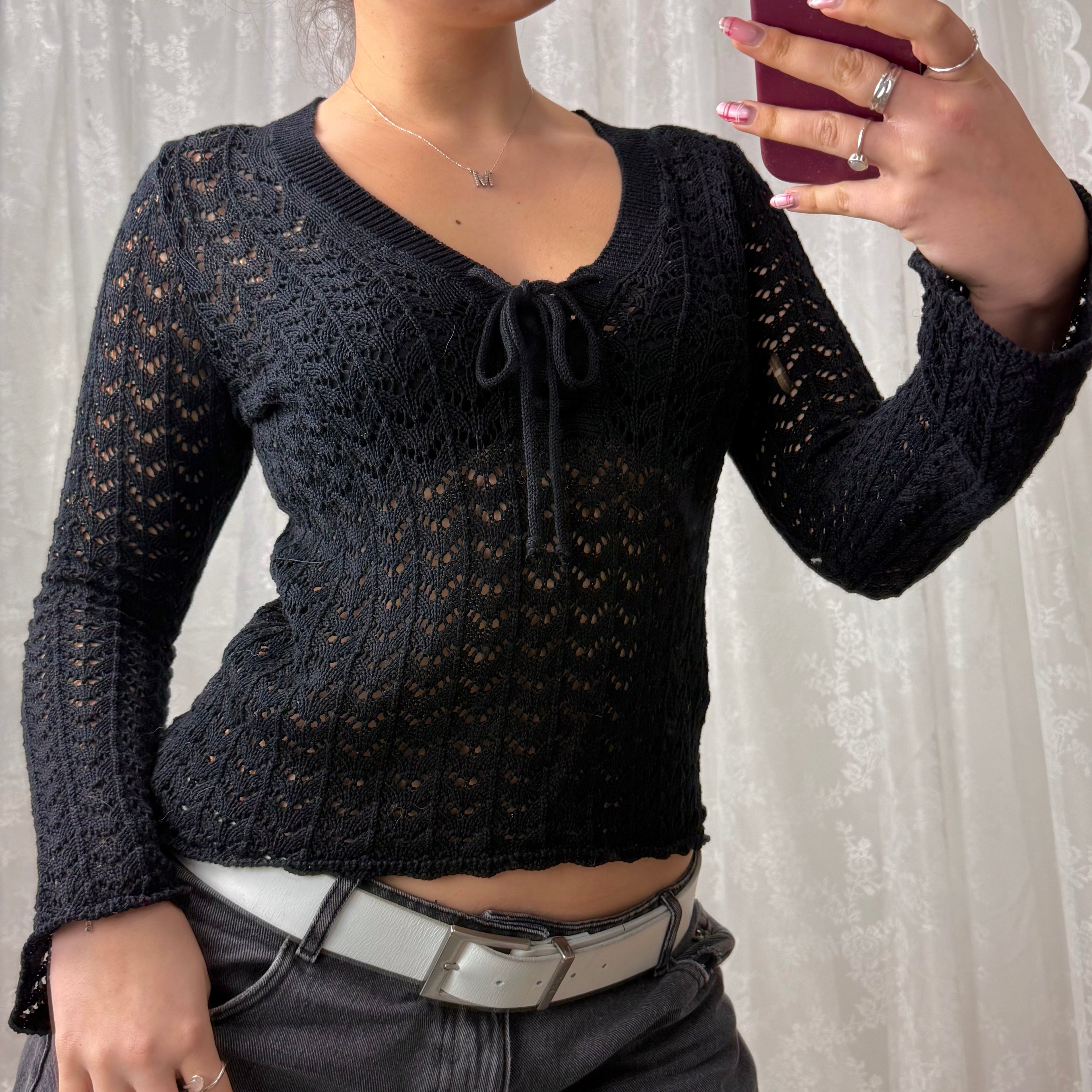 Black crotchet long sleeved sweater