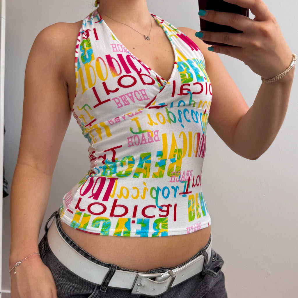 White colourful spellout halterneck top