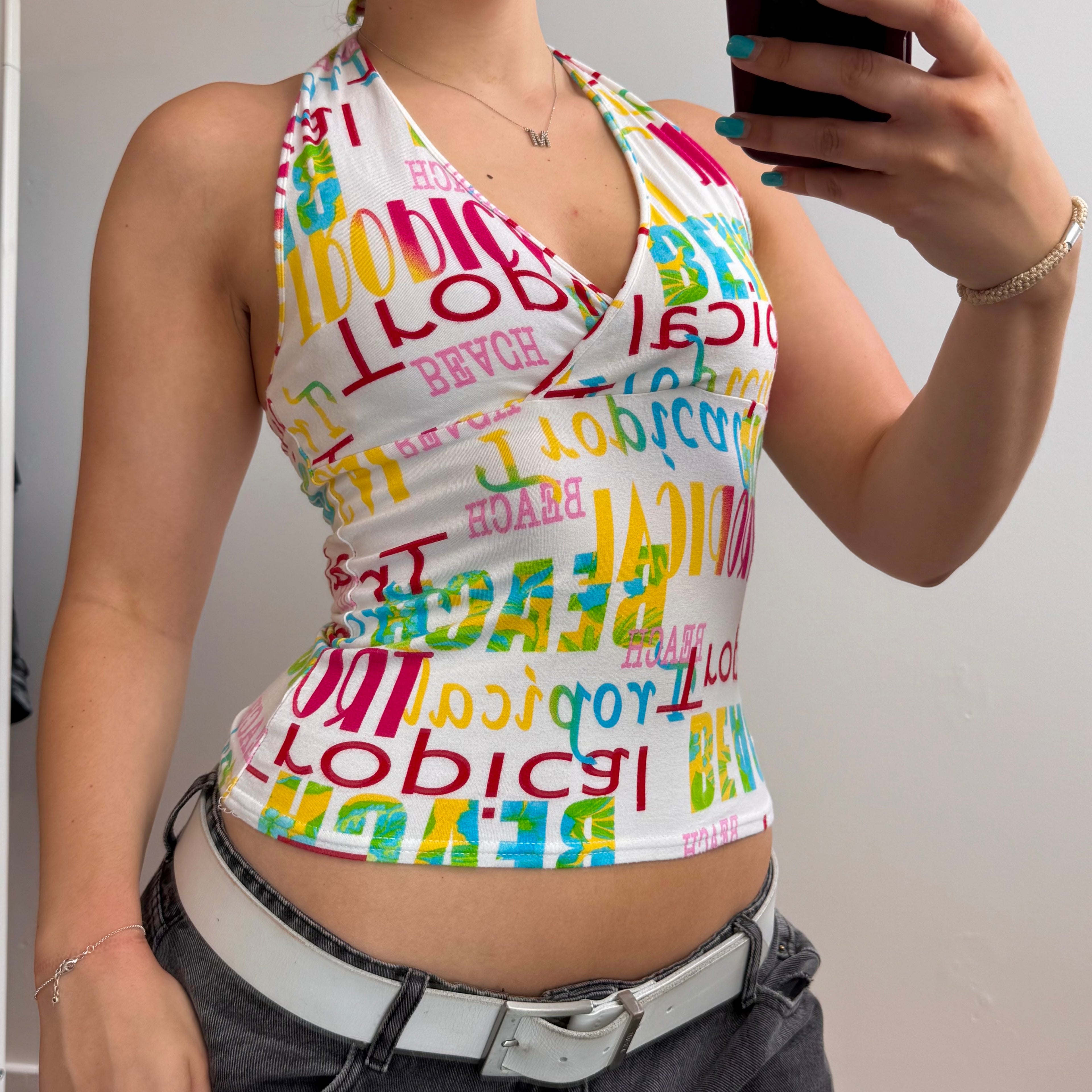 White colourful spellout halterneck top