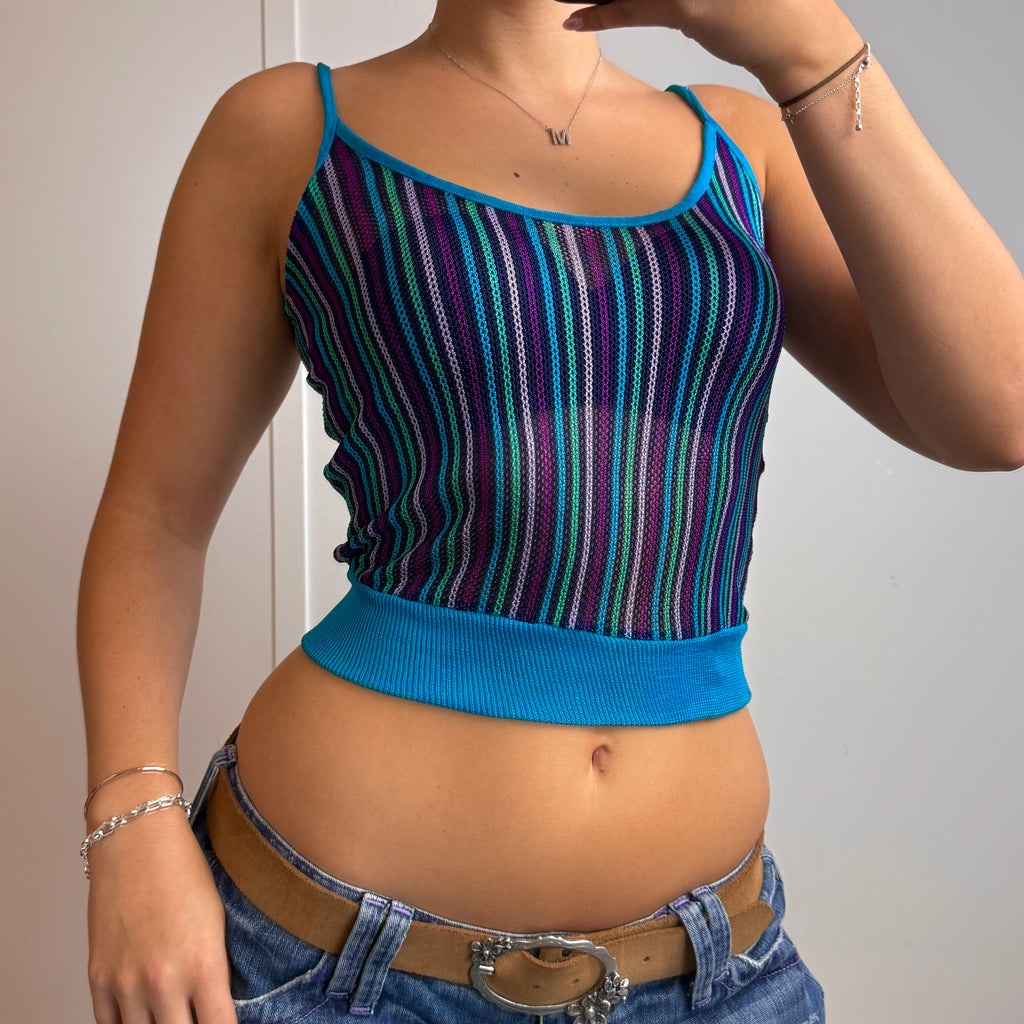 Blue striped mesh cami top