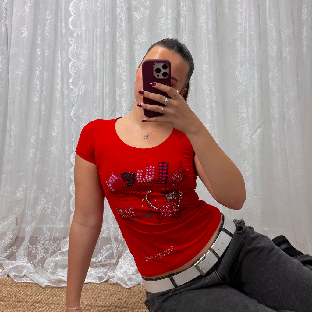 Red detailed sequin baby tee