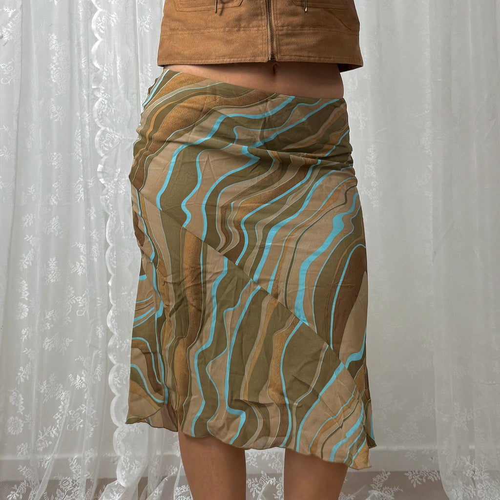 Beige and blue patterned midi skirt