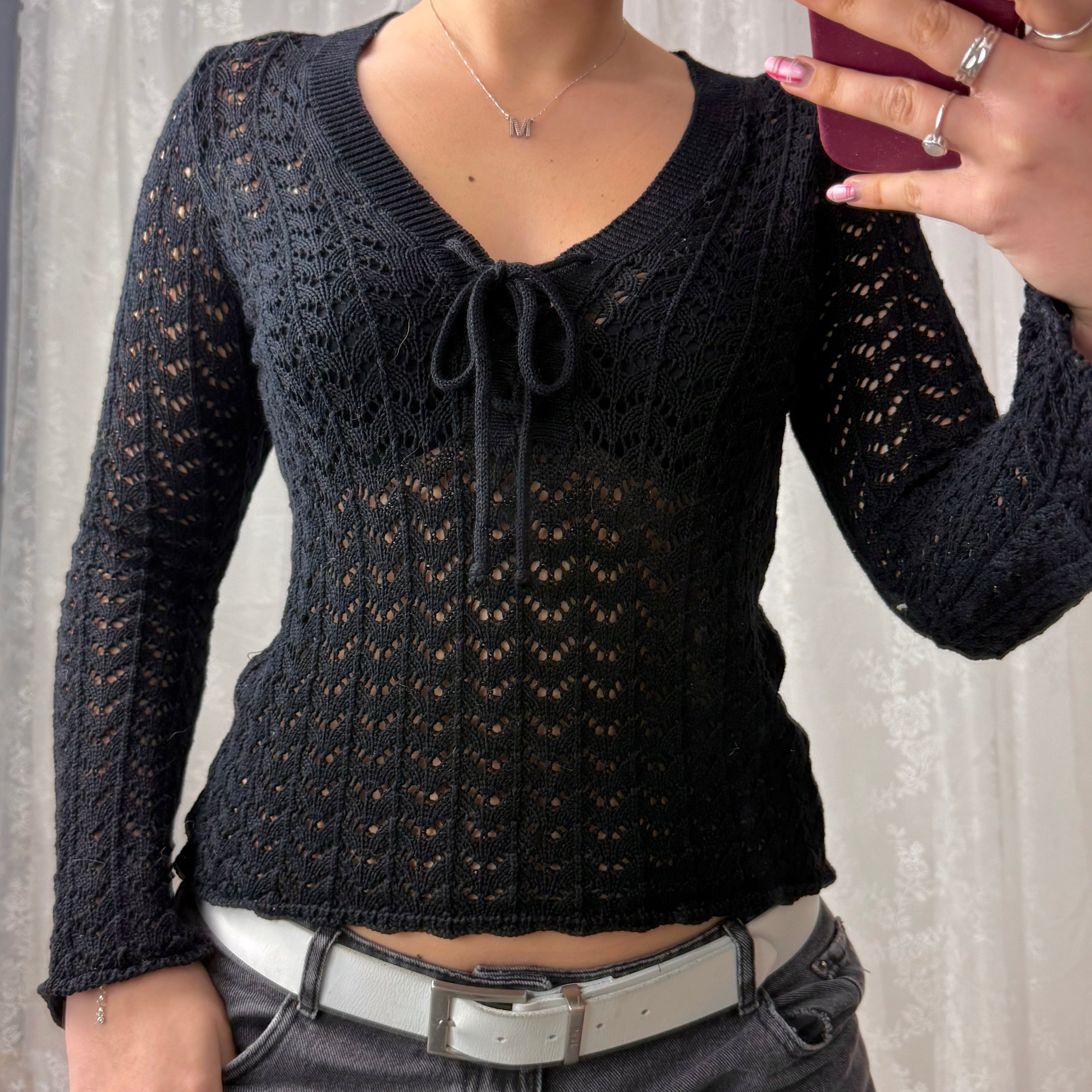 Black crotchet long sleeved sweater