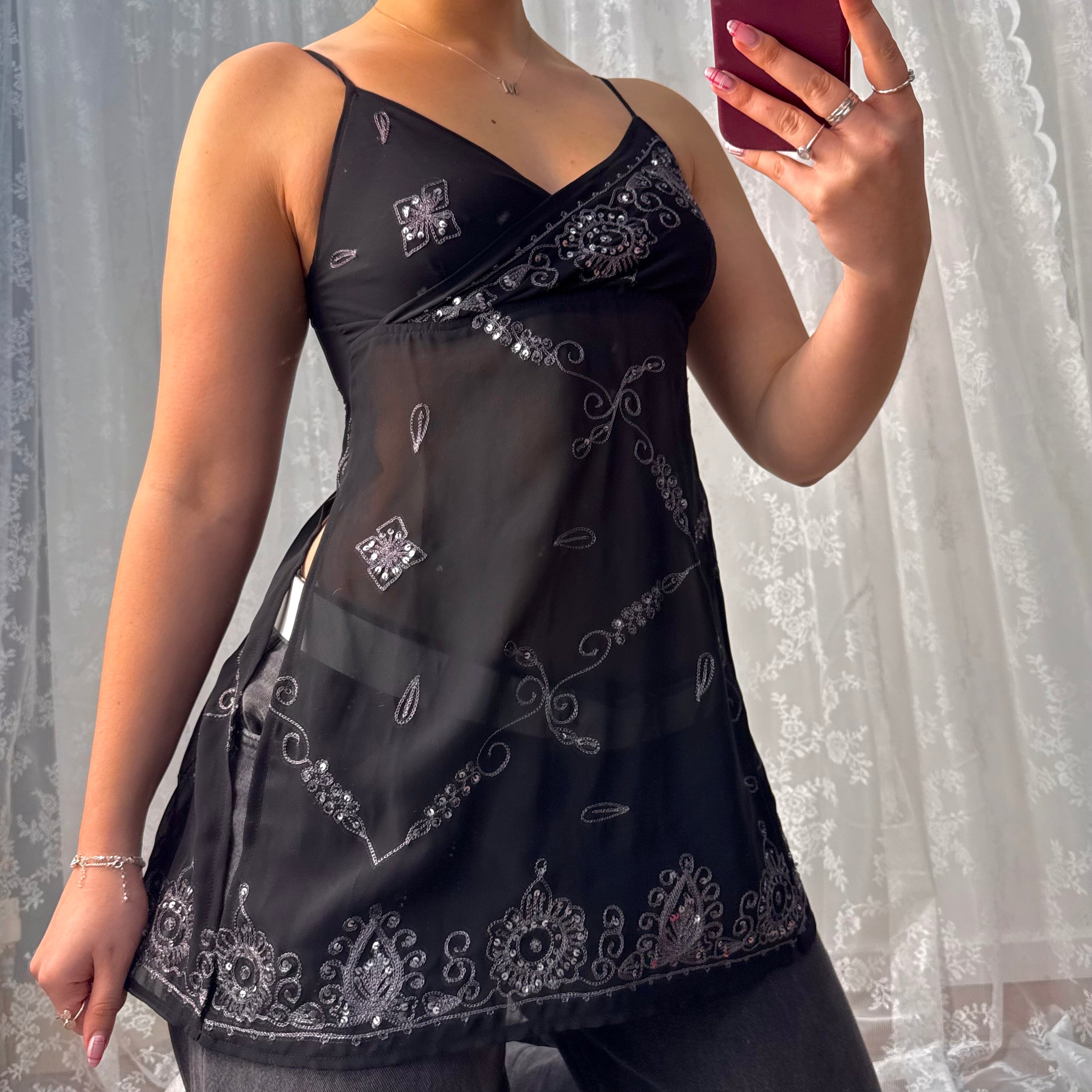 Black sequin mesh long lined cami