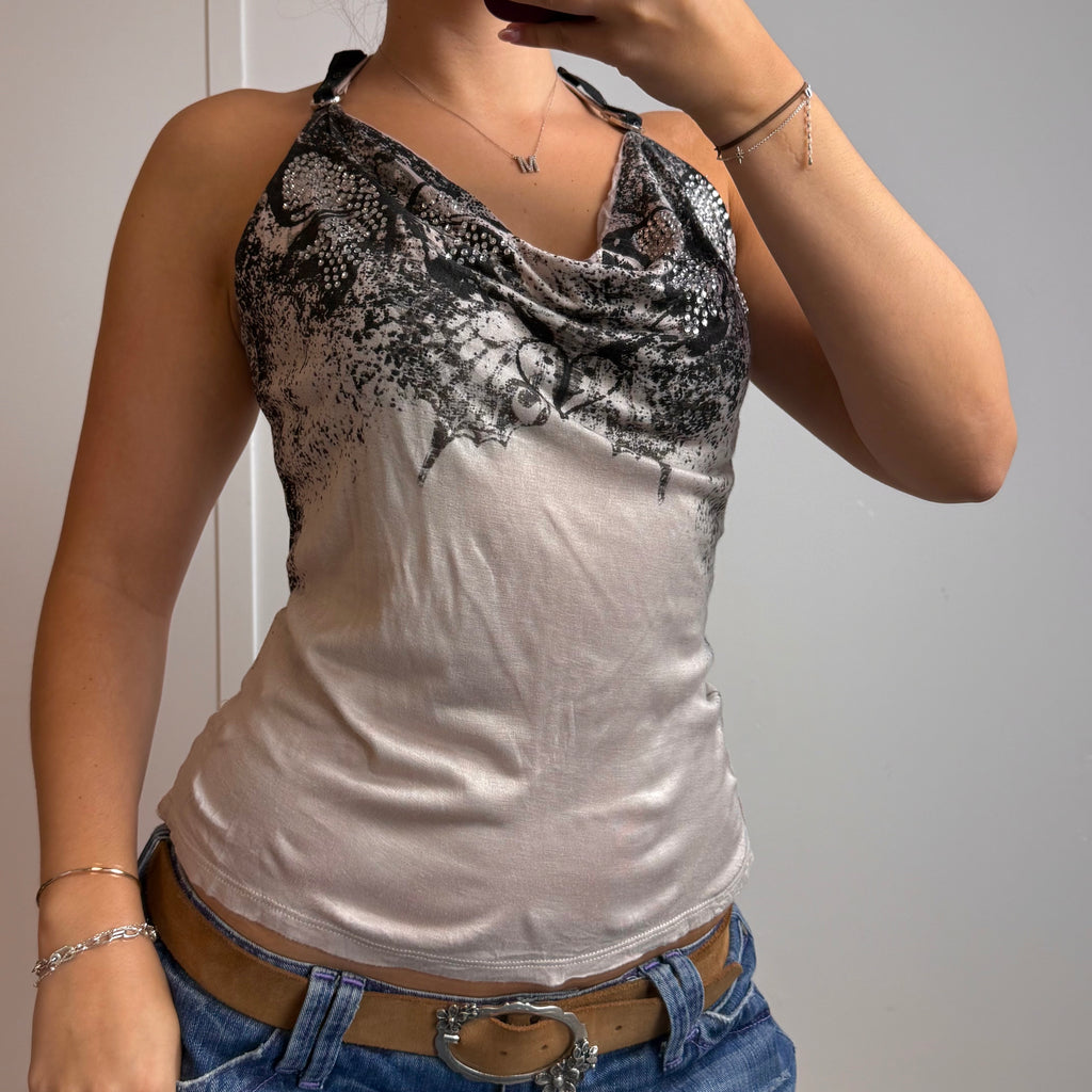 Black and beige cowl neck gem detailed top