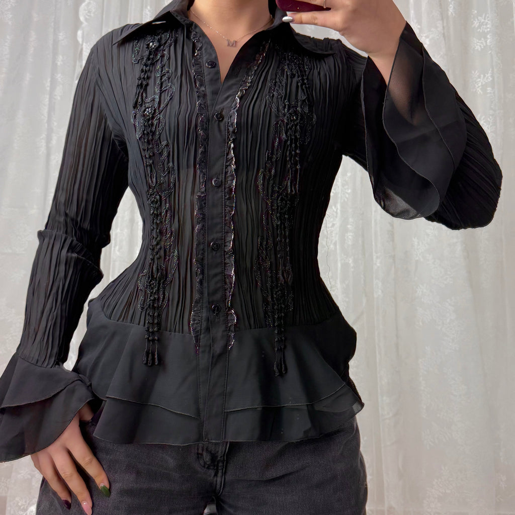 Black mesh shirt with green and black detailing