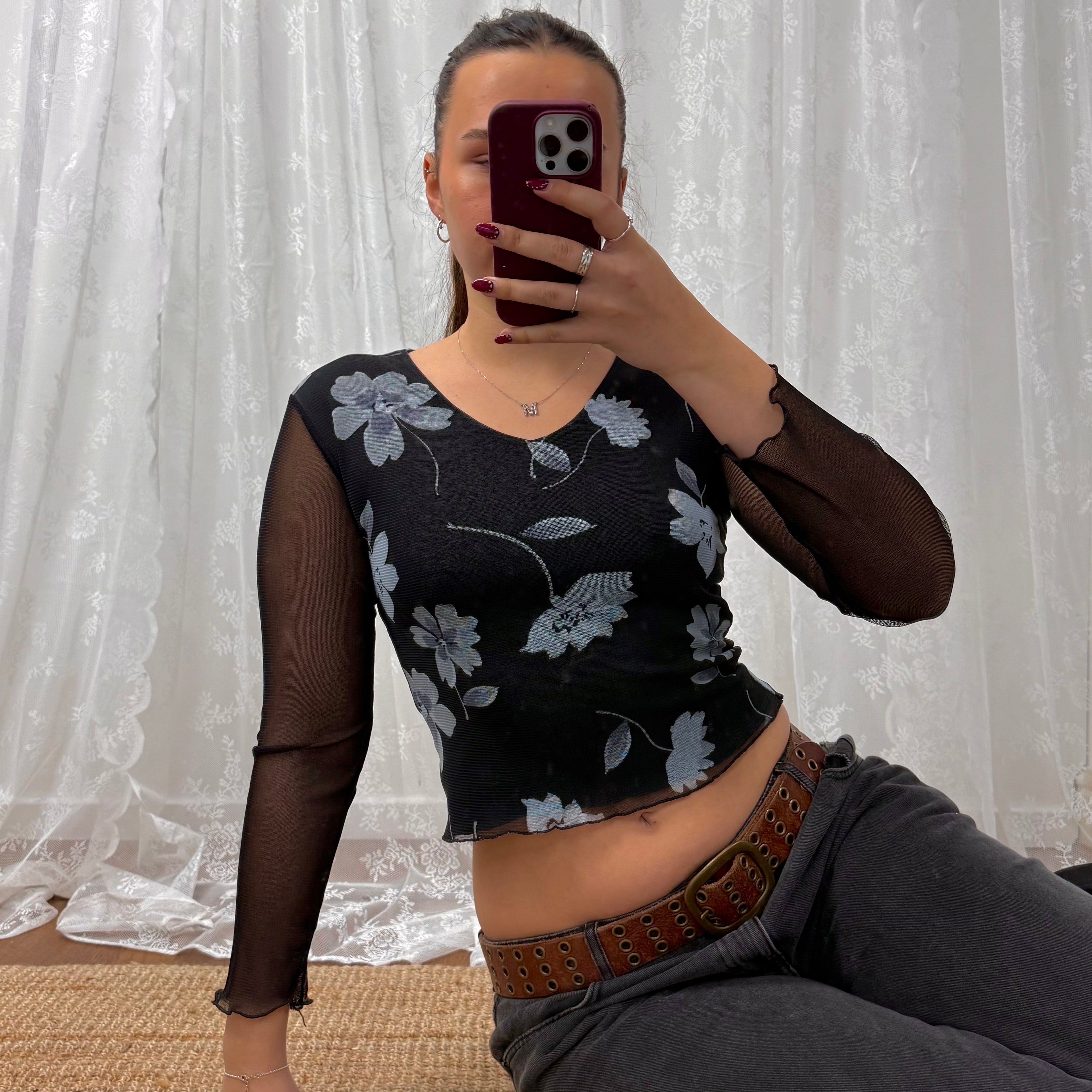 Black and Bluey/grey floral mesh long sleeved top