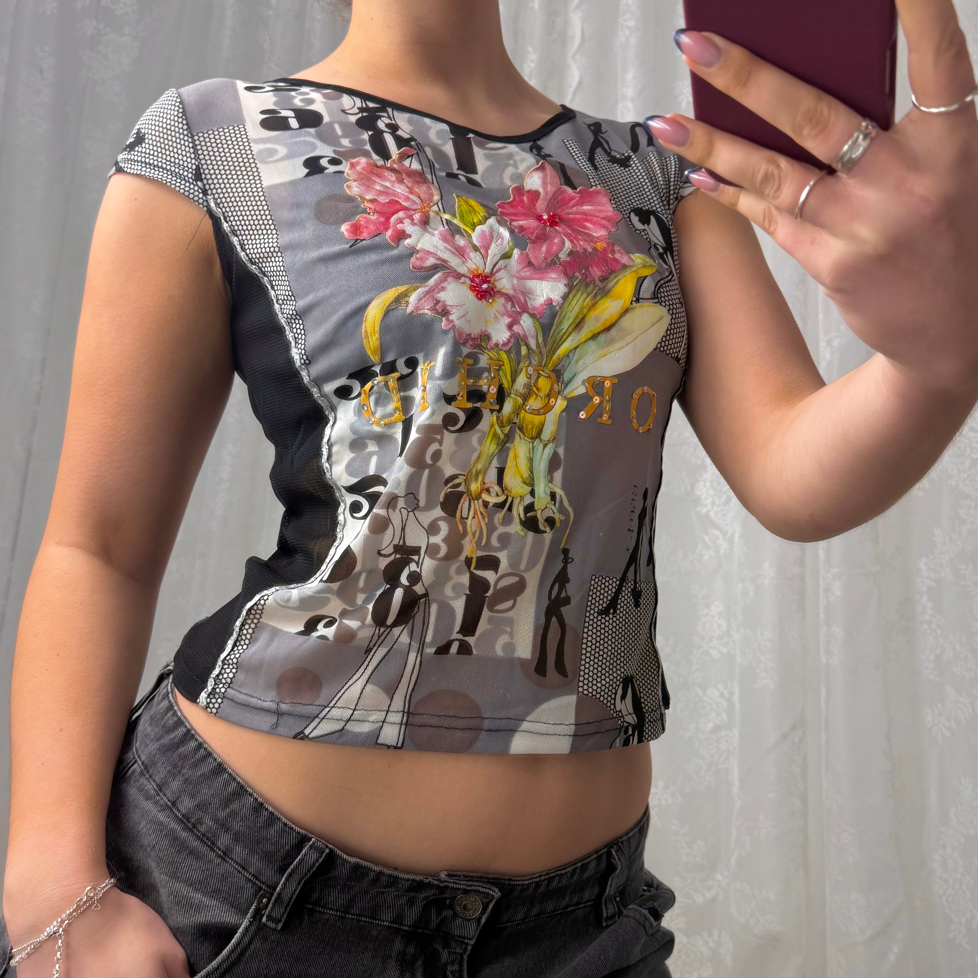 Black patterned mesh baby tee
