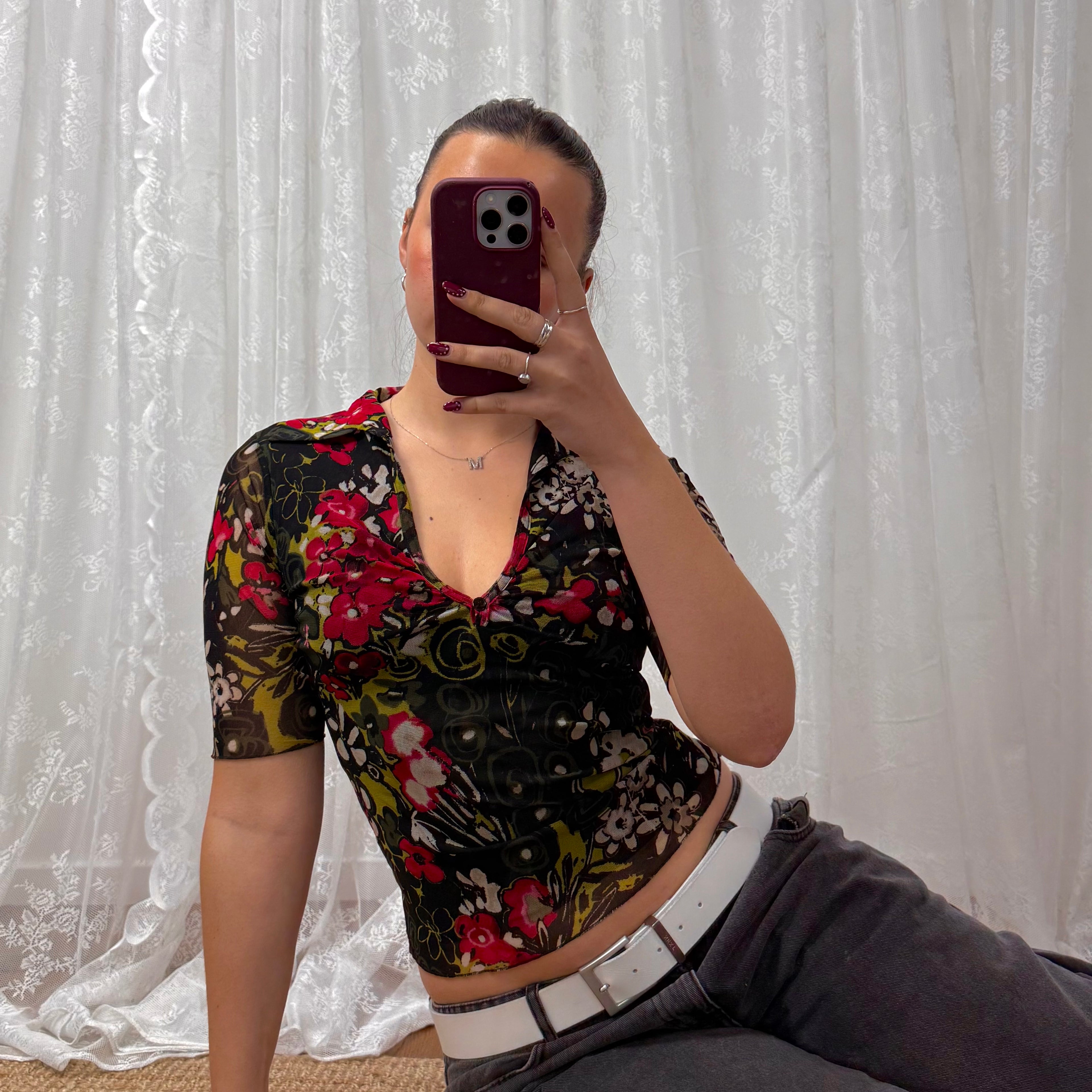 Black floral mesh collared top