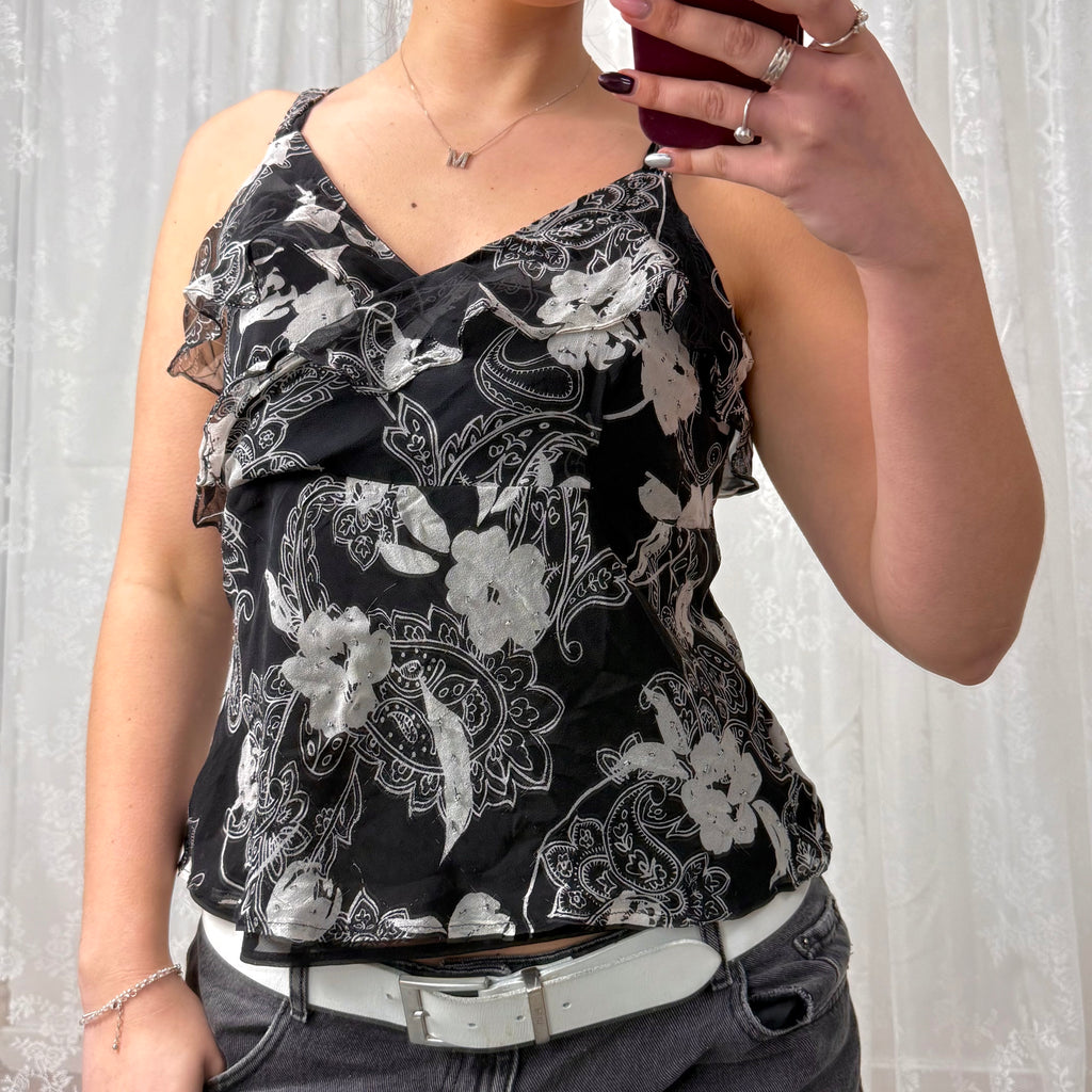 Black and white detailed silk cami top
