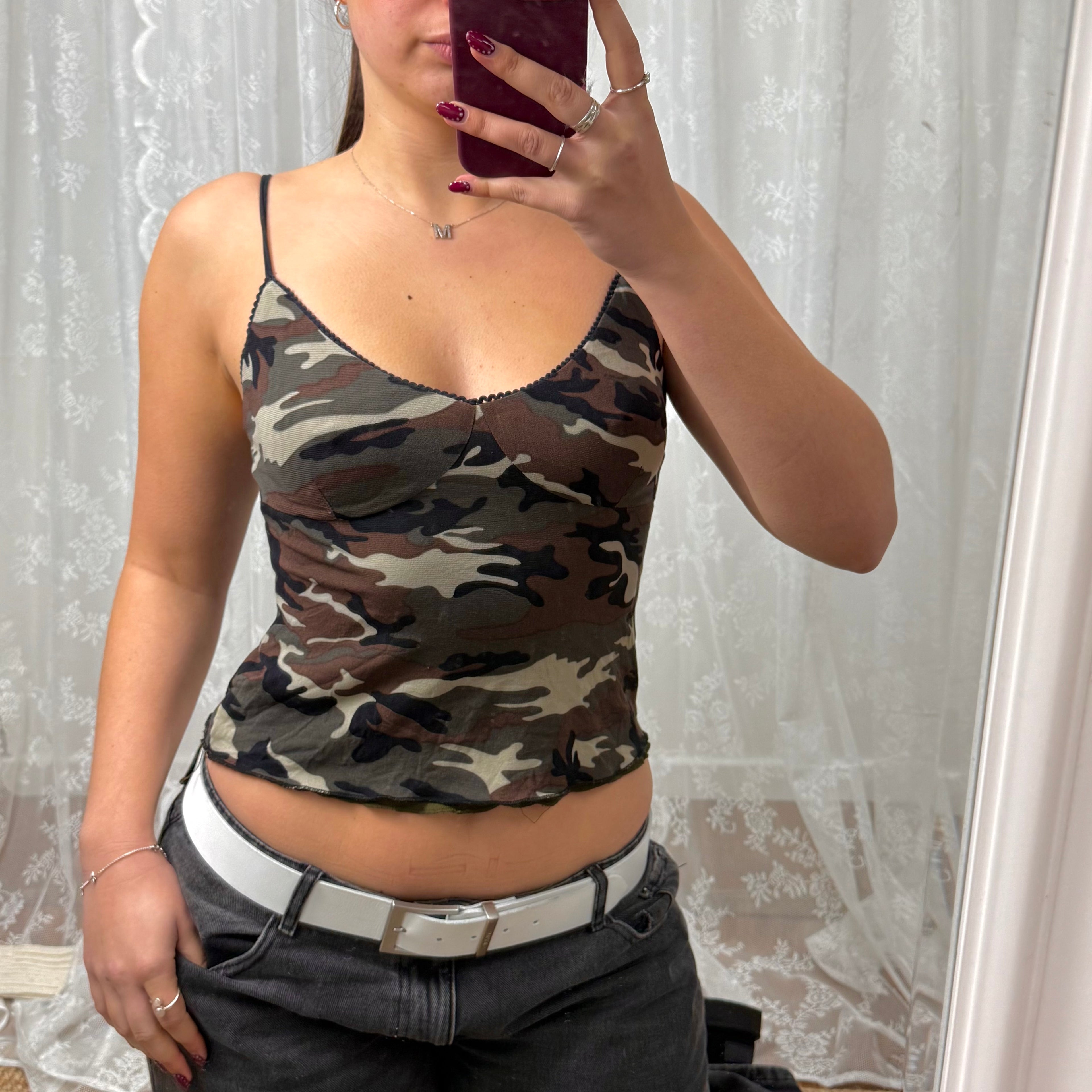Double layered mesh camouflage cami top