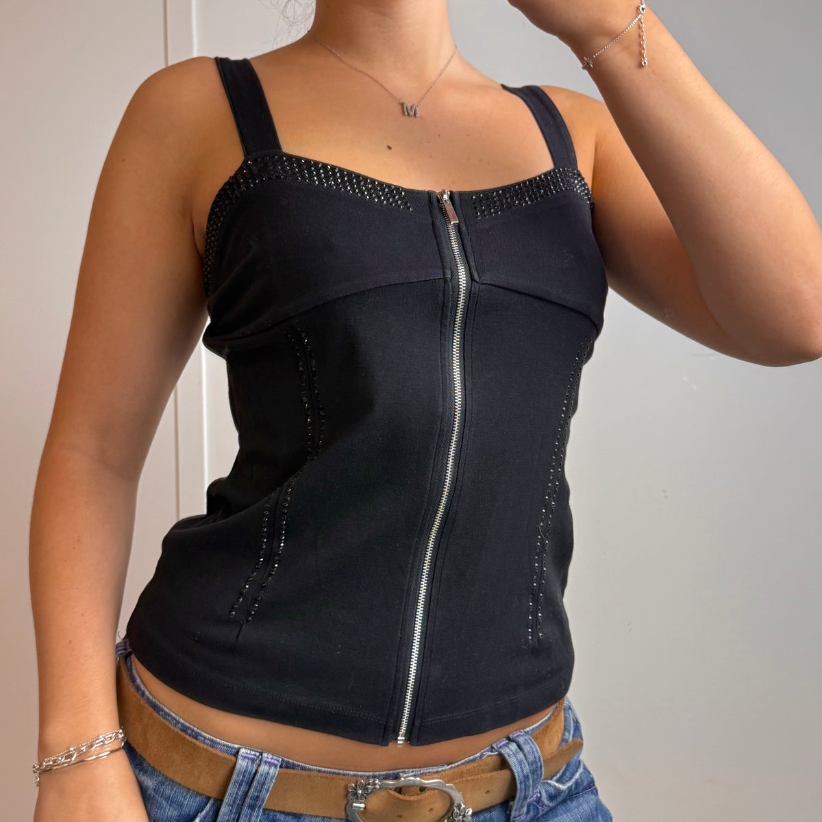 Black gem zip up cami