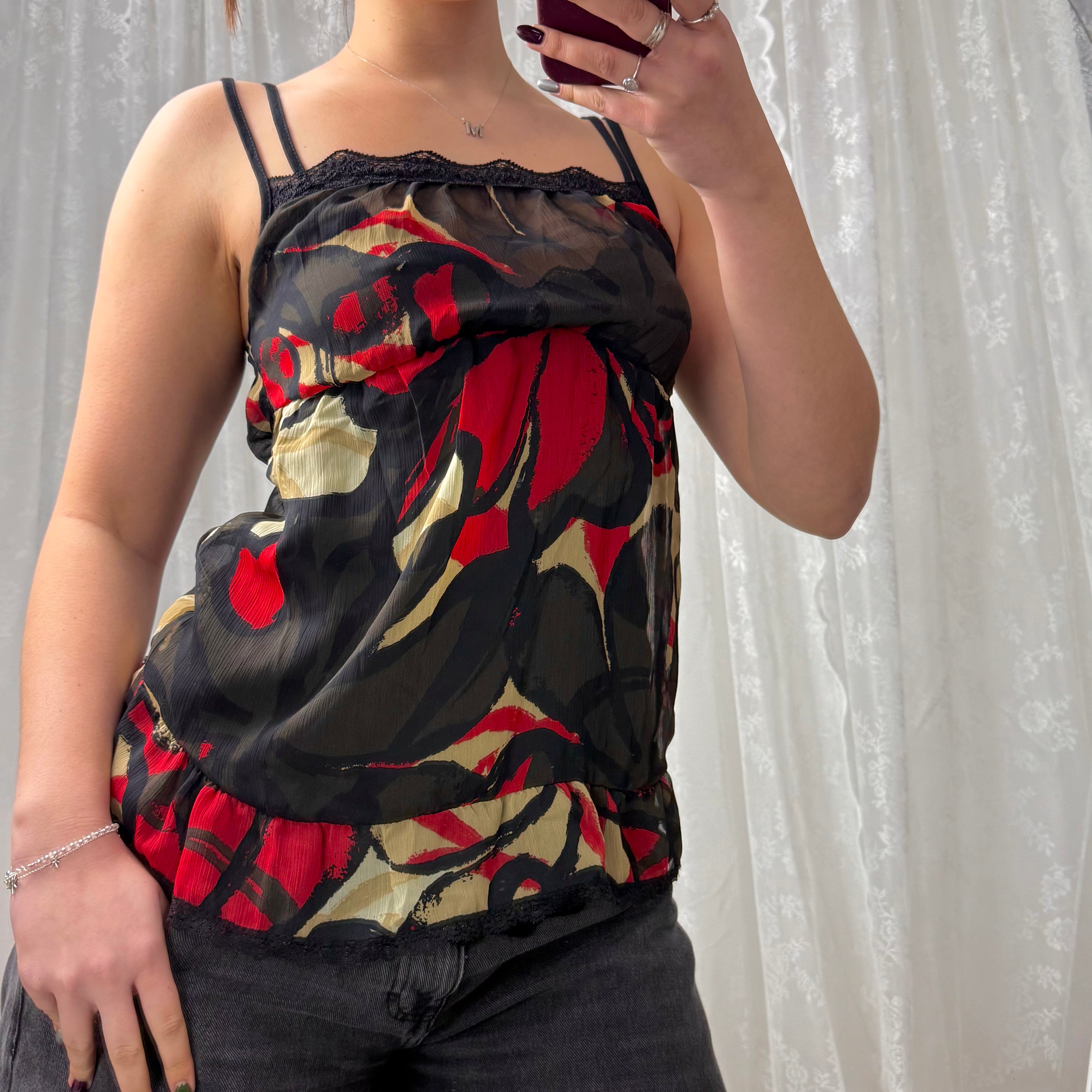 Red and black layered mesh cami top