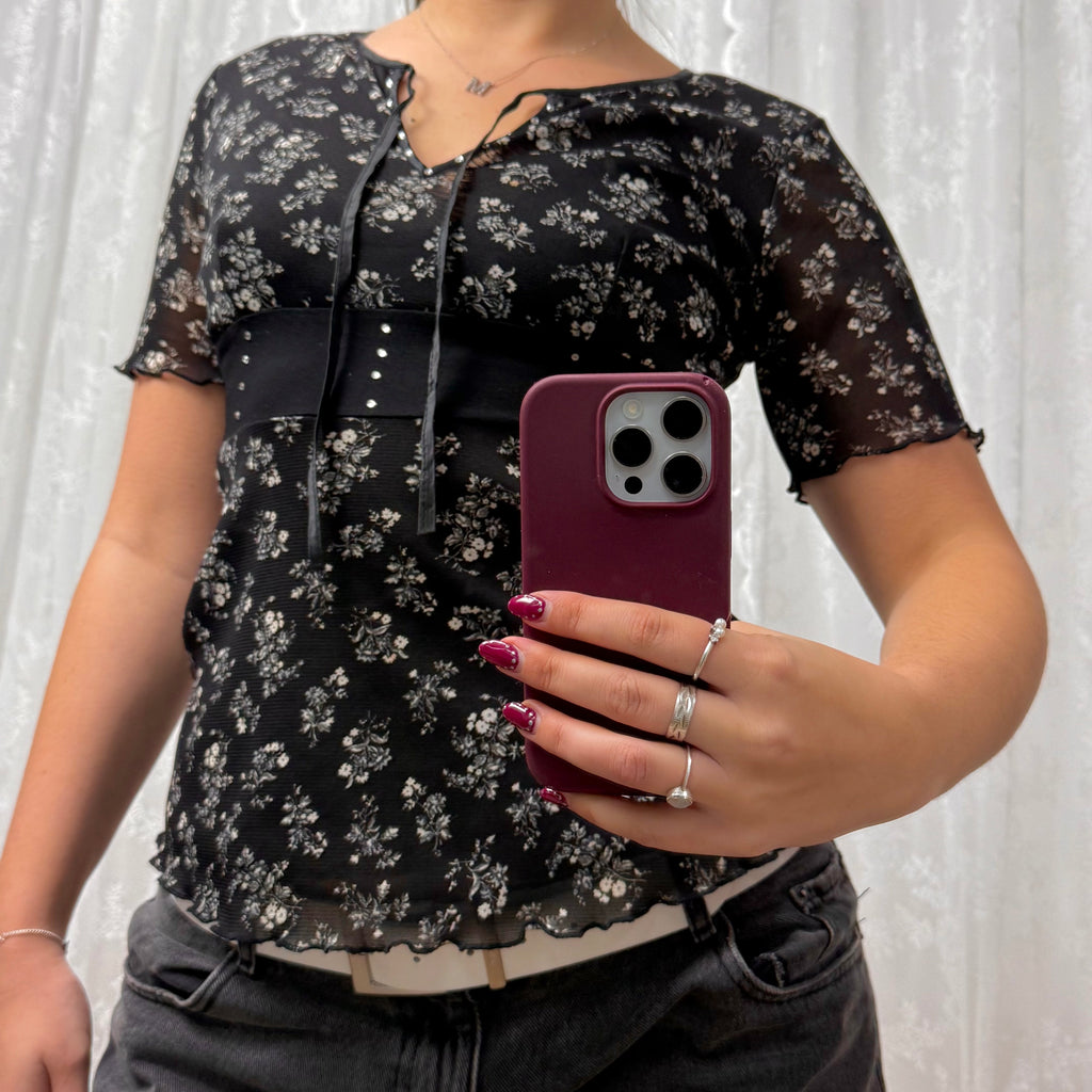 Black and white floral mesh top