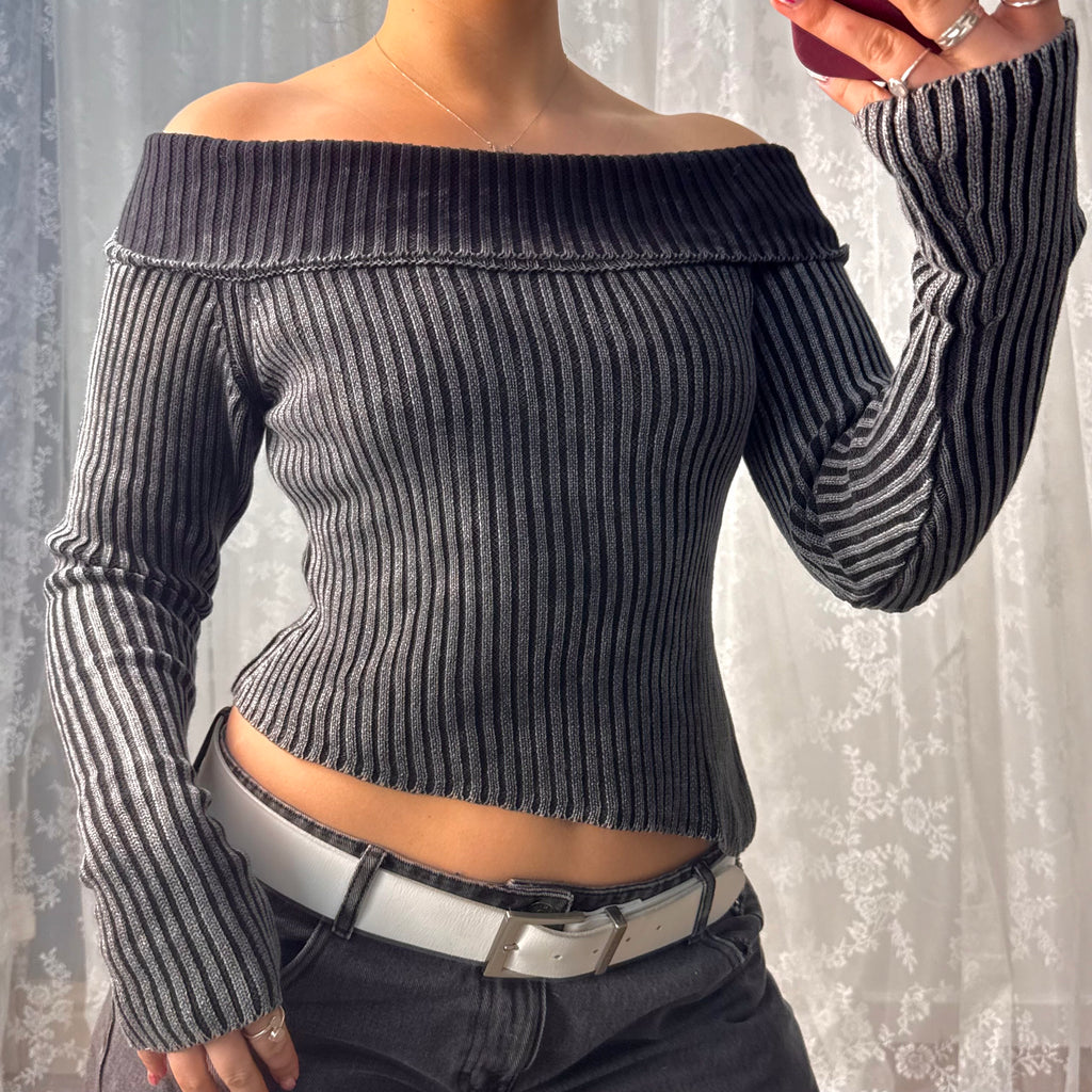 Grey washed ribbed off the shoulder jumper