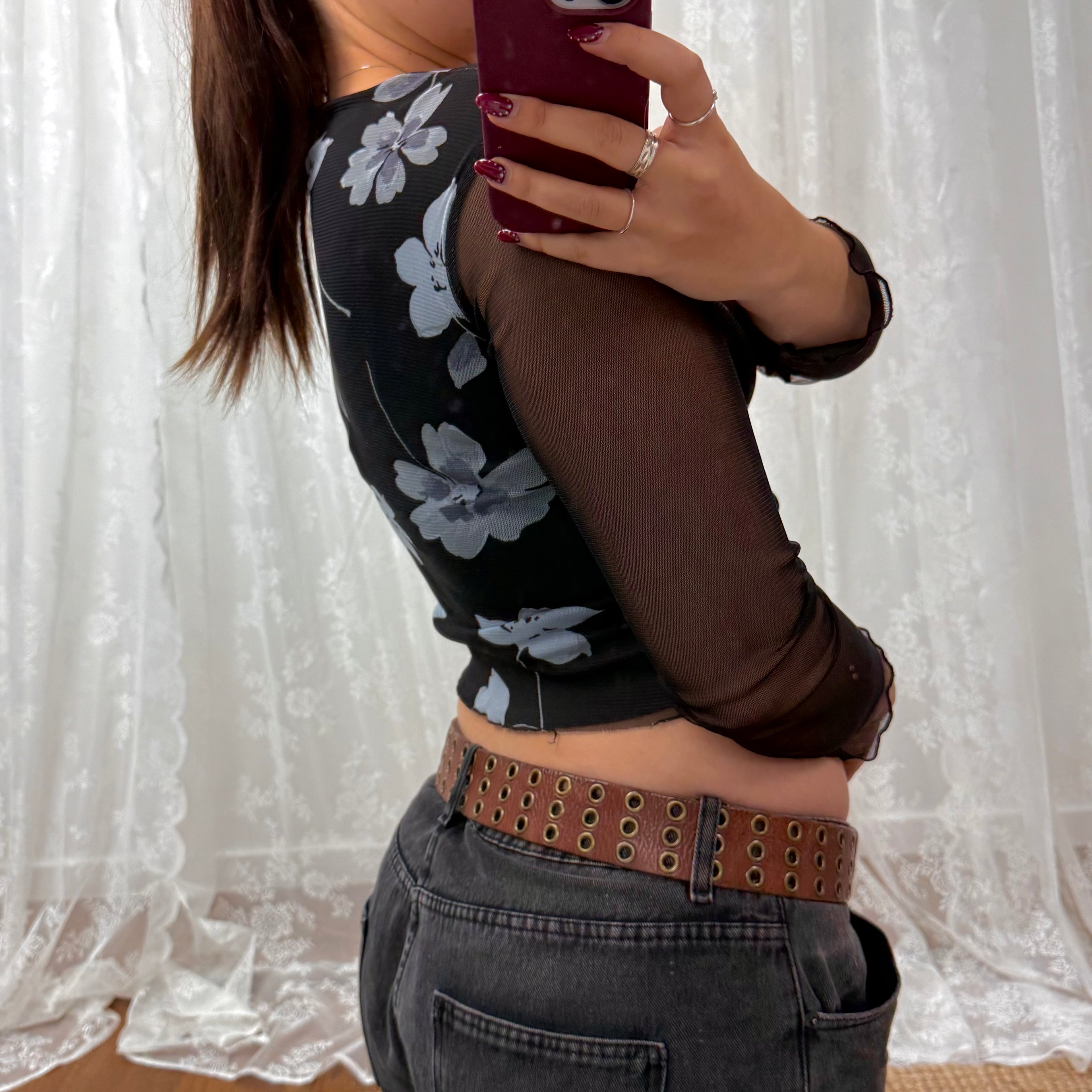 Black and Bluey/grey floral mesh long sleeved top