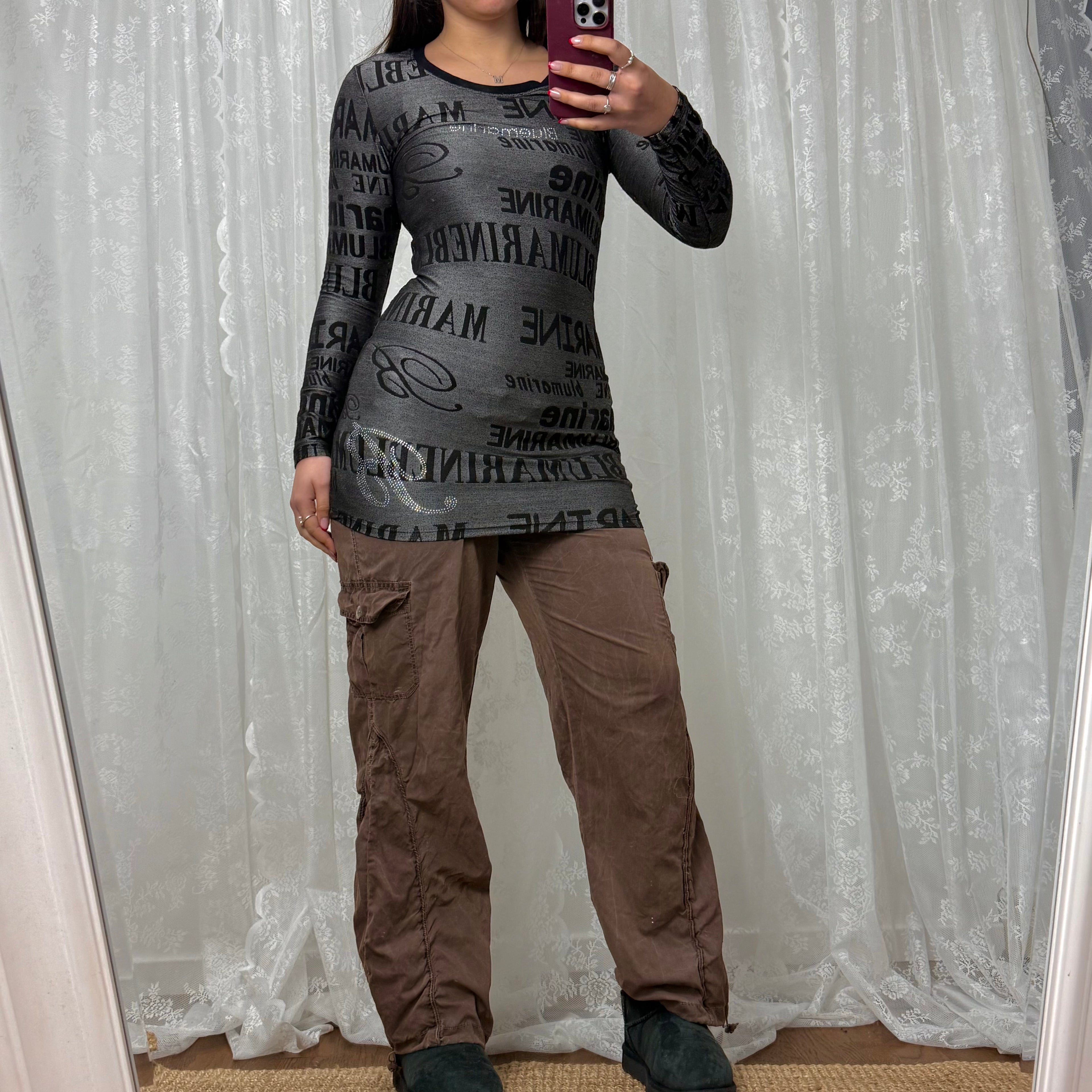 Grey and black logo mini dress with rhinestones